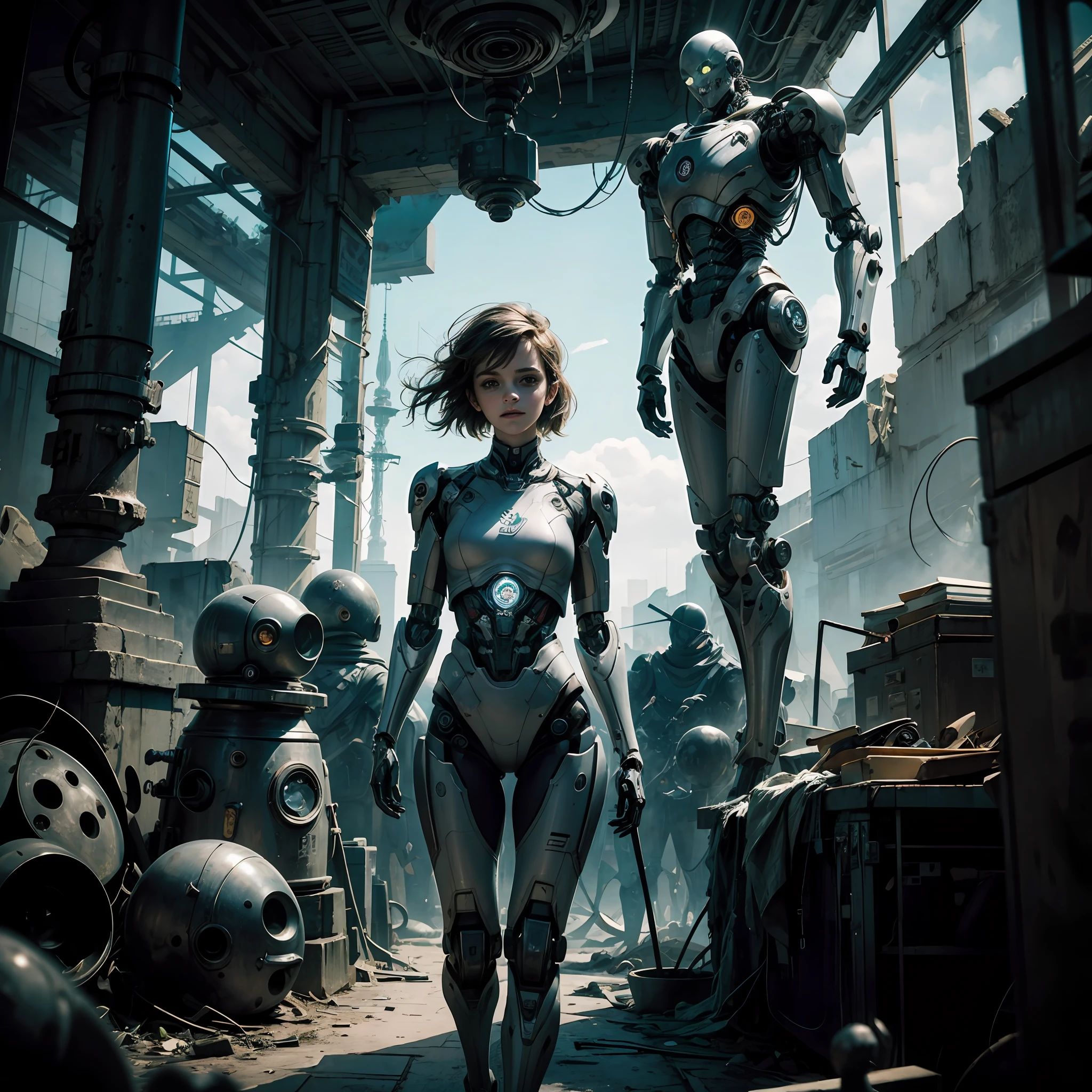 a hauntingly beautiful teen emma watson as a cyborg girl emerges from the shadows. with a gentle smile her once vibrant and youthful features are now marred by the unmistakable signs of mechanical parts, creating a striking juxtaposition of ethereal beauty and the technologic. Her legs still human, conform her athletic body.
She walks the desolate space station, a sci fi world in ruins. abandoned robots stand as grim reminders of a bygone era, their skeletal remains a backdrop to the eerie atmosphere that surrounds her. The pale light that emanates from her skin casts an otherworldly glow, evoking a sense of melancholy and otherworldly allure.