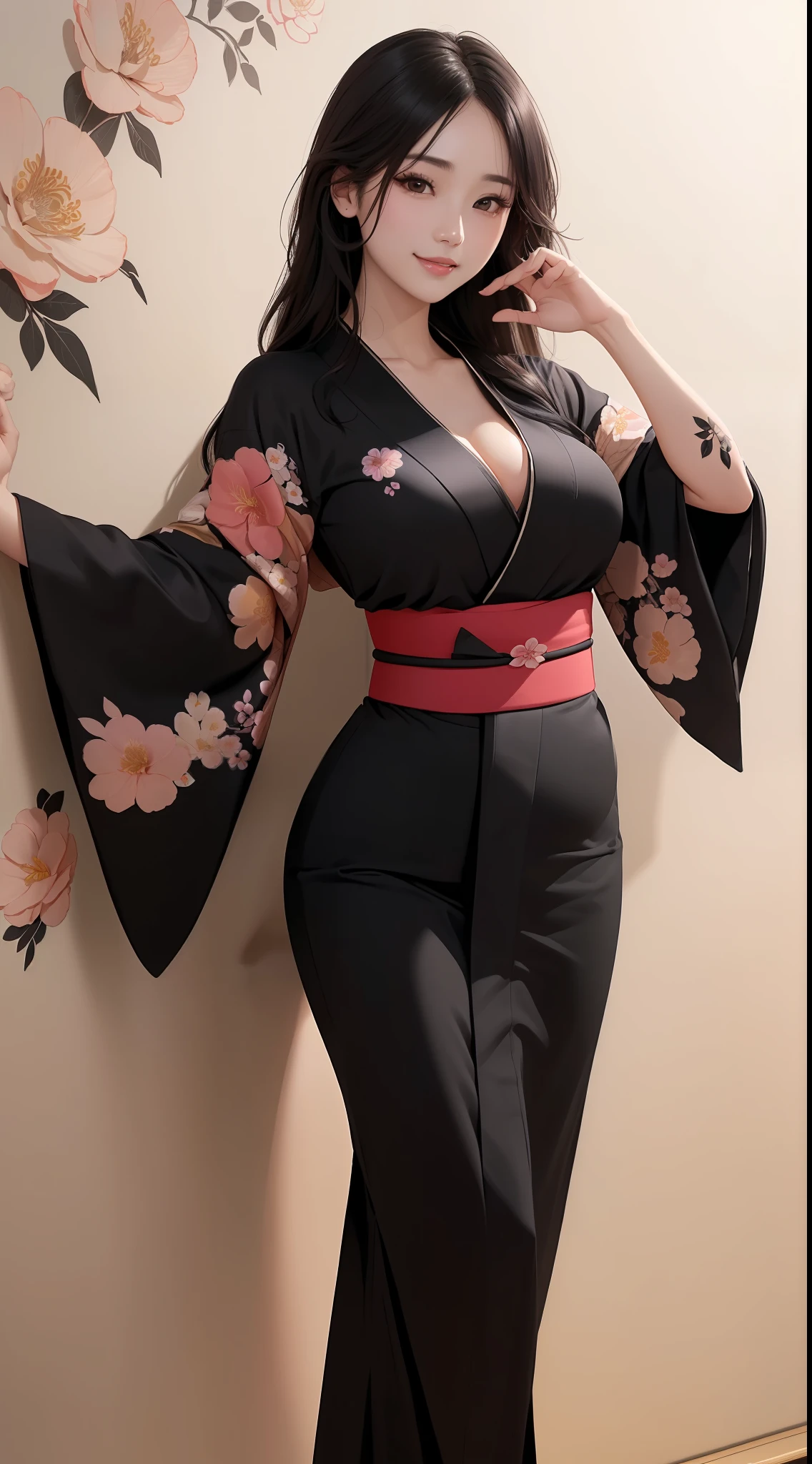 1 Yakuza Wife、(A hyper-realistic)、(illustratio)、(hight resolution)、(8K)、(ighly detailed)、(Best Illustration)、(beautifully detailed eyes)、(top-quality)、(ultra-detailliert)、(masterpiece)、(wall-paper)、(A detailed face)、view front、fine detailed、A detailed face、bangss、beutiful breast、(top-quality、8K、32K、masterpiece)、Long Black Hair、(Floral kimono in detailed black tones:1.5)、cleavage of the breast、Toyama's Kim-san style showing the upper left body、(Detailed bandage chest)、Large beautiful flower tattoo on upper left body、(Random Posing:1.8)、Dignified smile、