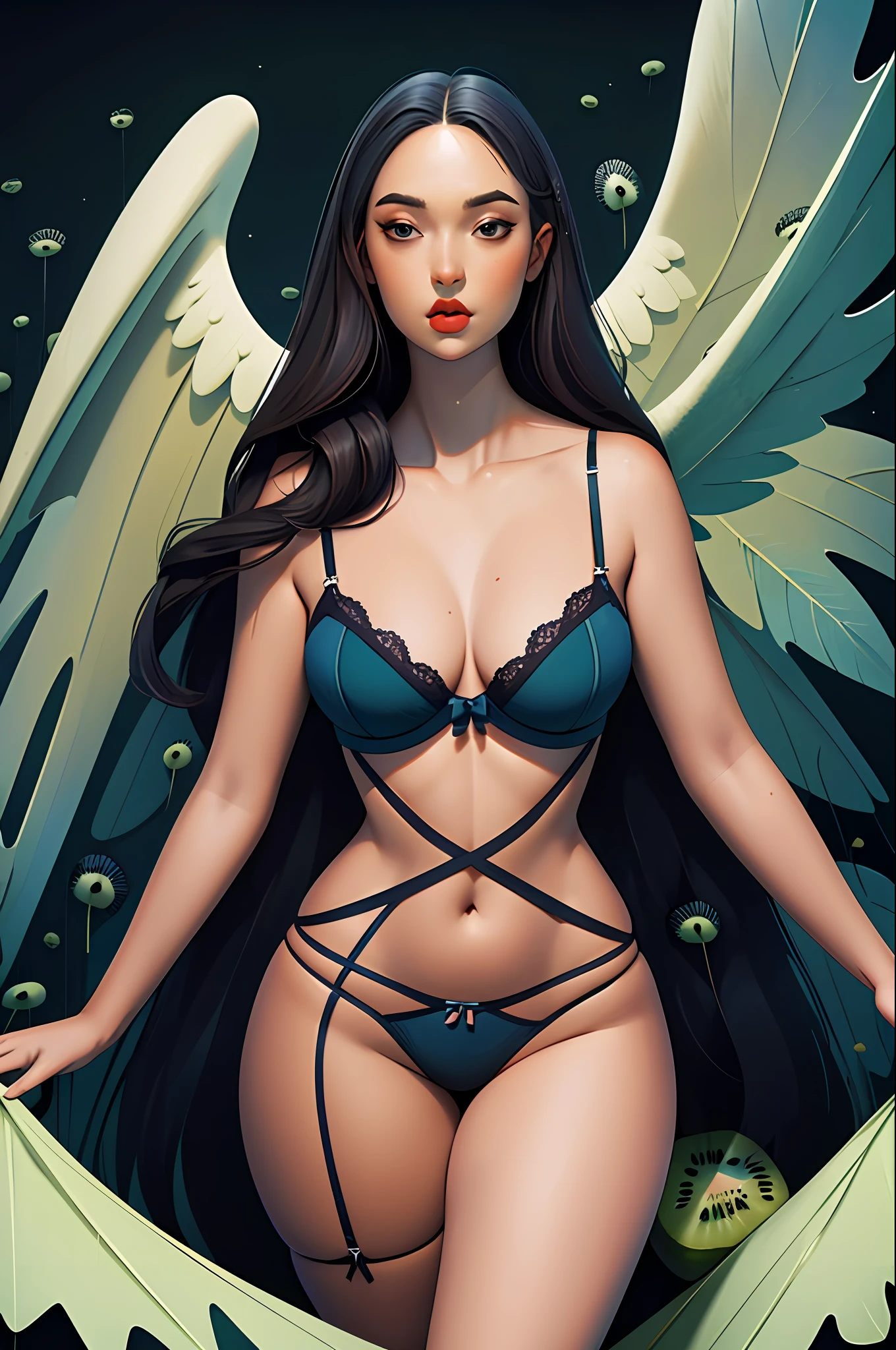 (Masterpiece, Best_Quality, Ultra-detailed, immaculate:1.3), Epic, illustartion, welcoming, 1girl, (kiwi:1.3) Angel, full - body, Erotic lingerie, [:overseas, outlandish costume design,:0.2], official arts, Vivid Color, thicc slim hourglass figure