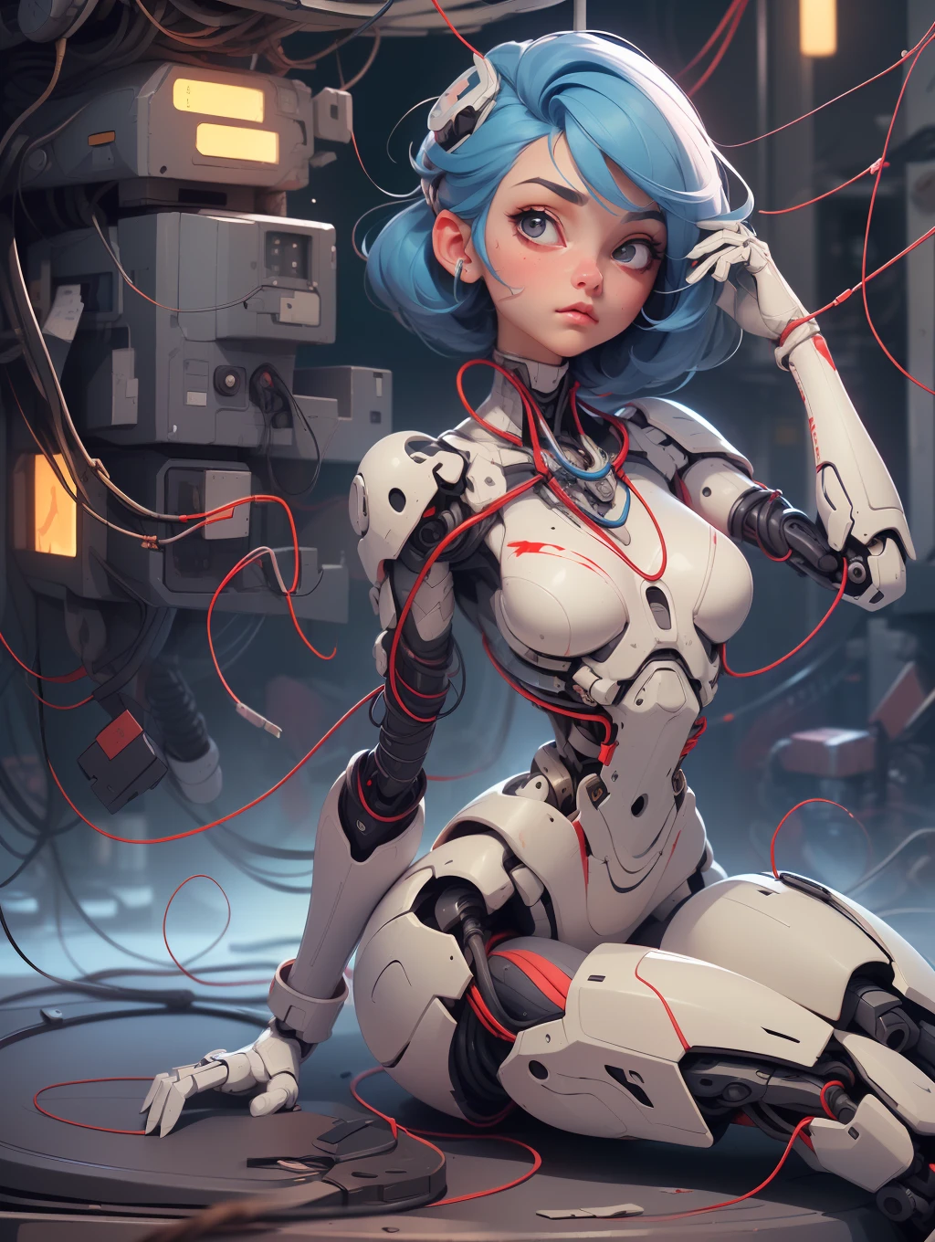 (((masterpiece))), (((best quality))), ((ultra-detailed)), (highly detailed CG illustration), ((an extremely delicate and beautiful)),(cute delicate face),cinematic light,((1mechanical girl)),solo,full body,(machine made joints:1.4),((machanical limbs)),(explosed muscles),(blood vessels connected to tubes),(a brain in container:1.3),((mechanical vertebra attaching to back)),((mechanical cervial attaching to neck)),((sitting)),expressionless,(wires and cables attaching to head and body:1.5),small breasts,short hair,(character focus),science fiction