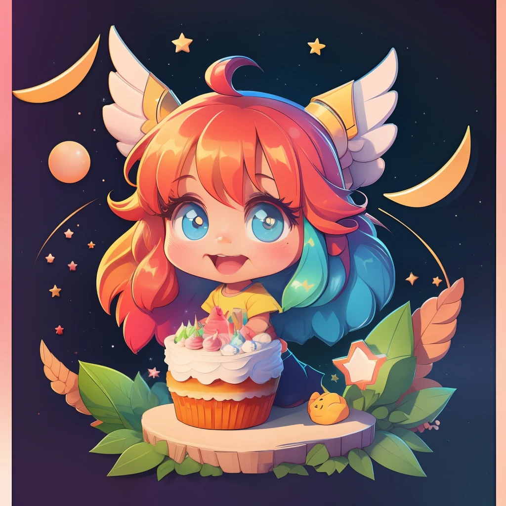 Cute little cake angel，（Best quality at best，Cartoony，T-shirt logo），cartoonish style，vivd colour，A high resolution，Bold font，Web page printing effect，Stars and Constellations theme。white backgrounid