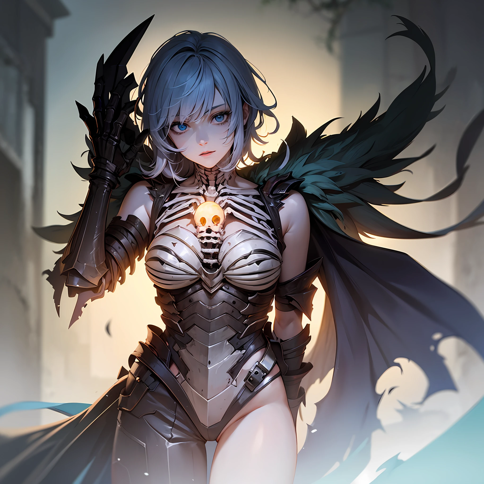 (Style - Necromancy:0.6), Award-winning photographic portrait of ancient White, death, Dead, 1girll,(Solo), cowboy lens (Wow Dek), Glowing blue eyes, (skeletal armor), Fur trim, pauldrons, Torn Cape, Short white hair, bluefire, Snow, Ice, Night, borgar, sport, voluminetric lighting, Best quality, Masterpiece, Realistic, Root branch AI, Bone Field Artificial Intelligence, Multi-eyed horror AI arm, V0id3 Energy Wizard,