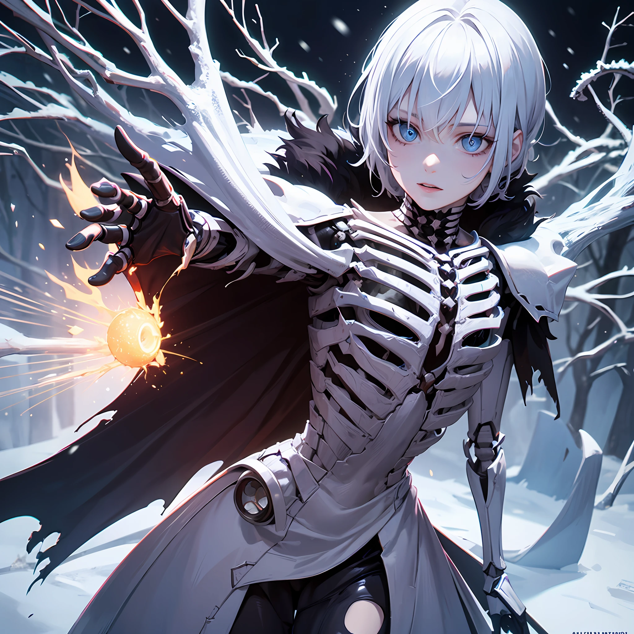 (Style - Necromancy:0.6), Award-winning photographic portrait of ancient White, death, Dead, 1girll,(Solo), cowboy lens (Wow Dek), Glowing blue eyes, (skeletal armor), Fur trim, pauldrons, Torn Cape, Short white hair, bluefire, Snow, Ice, Night, borgar, sport, voluminetric lighting, Best quality, Masterpiece, Realistic, Root branch AI, Bone Field Artificial Intelligence, Multi-eyed horror AI arm, V0id3 Energy Wizard,