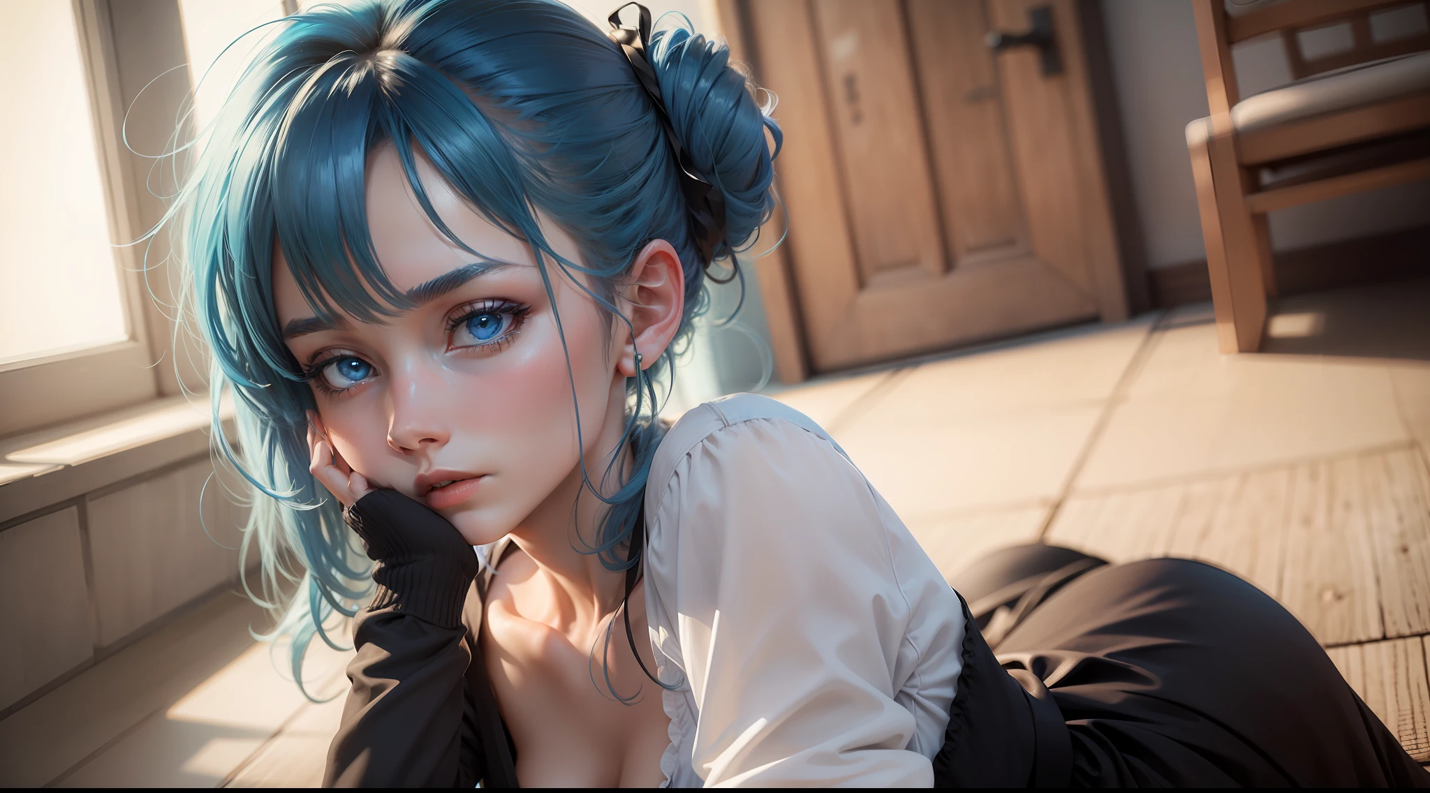 ((masterpiece)), (best quality), (detailed), (1girl), blue hair, blue eyes, updo, white shirt, black dress, looking down on the audience