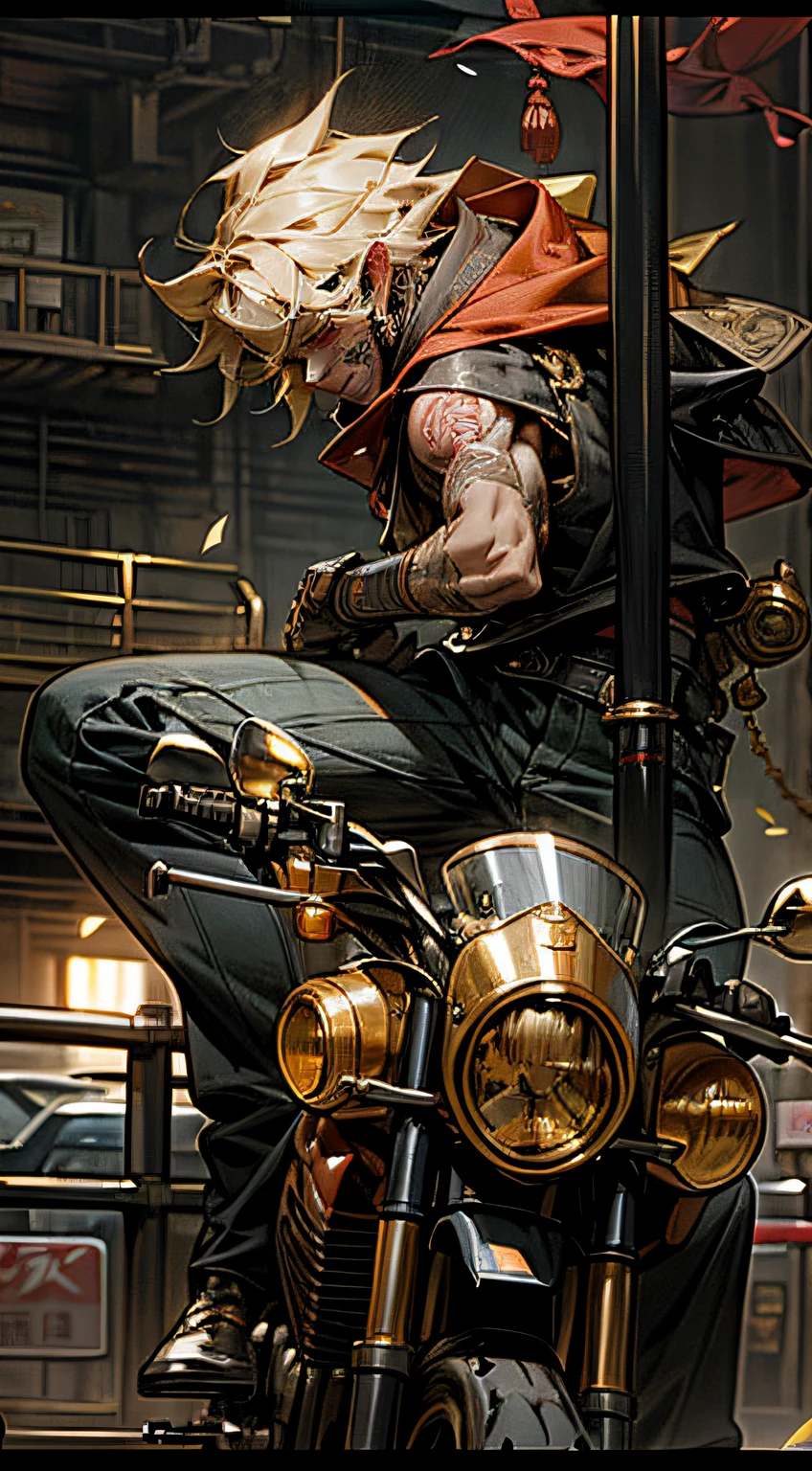 Gangster theme, Journey to the West: Sun Wukong, Tattooed with, Blonde hair。Ride a motorcycle in dim light,Golden Hoop Stick,smog,shadowing,Corrupt cityscape,HighestQuali,solo focus --auto