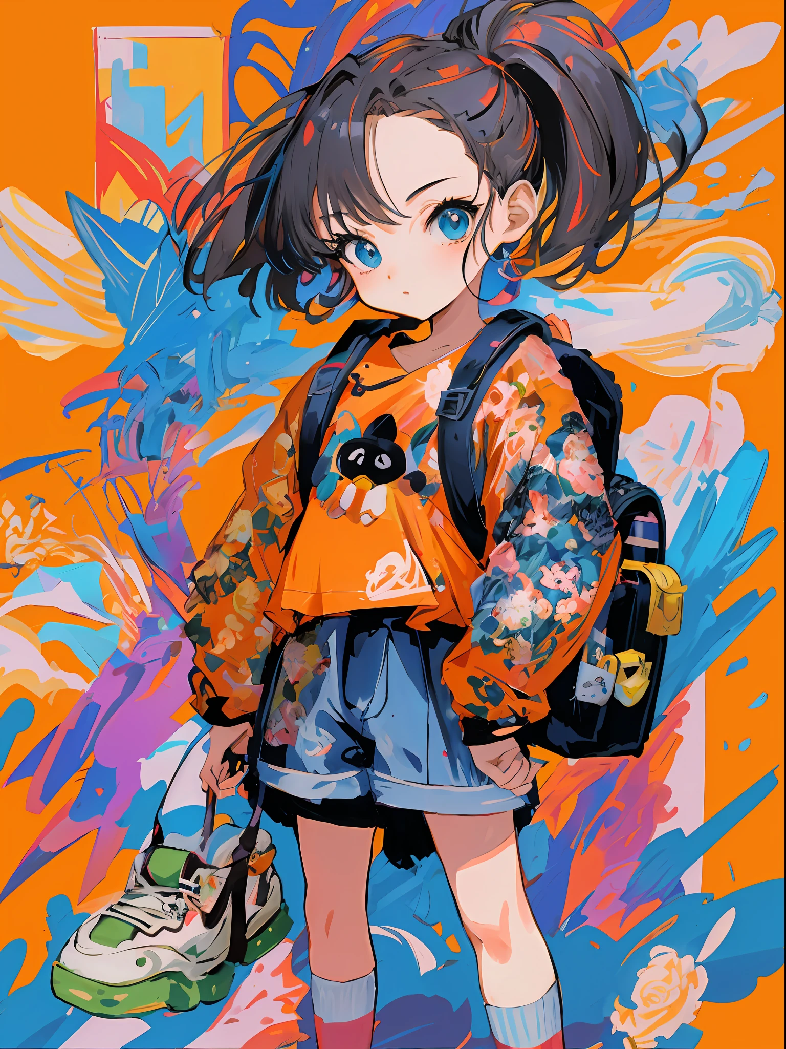 Anime girl with backpack and backpack on her back, 9 0 s anime style, 90's anime style, Anime style illustration, 9 0 s anime art style, Anime style mixed with Fujifilm, inspired by Hikari Shimoda, anime style only, Colorful! Character design, anime vibes, anime graphic illustration, Anime style. 8K, 8 0 s anime vibe