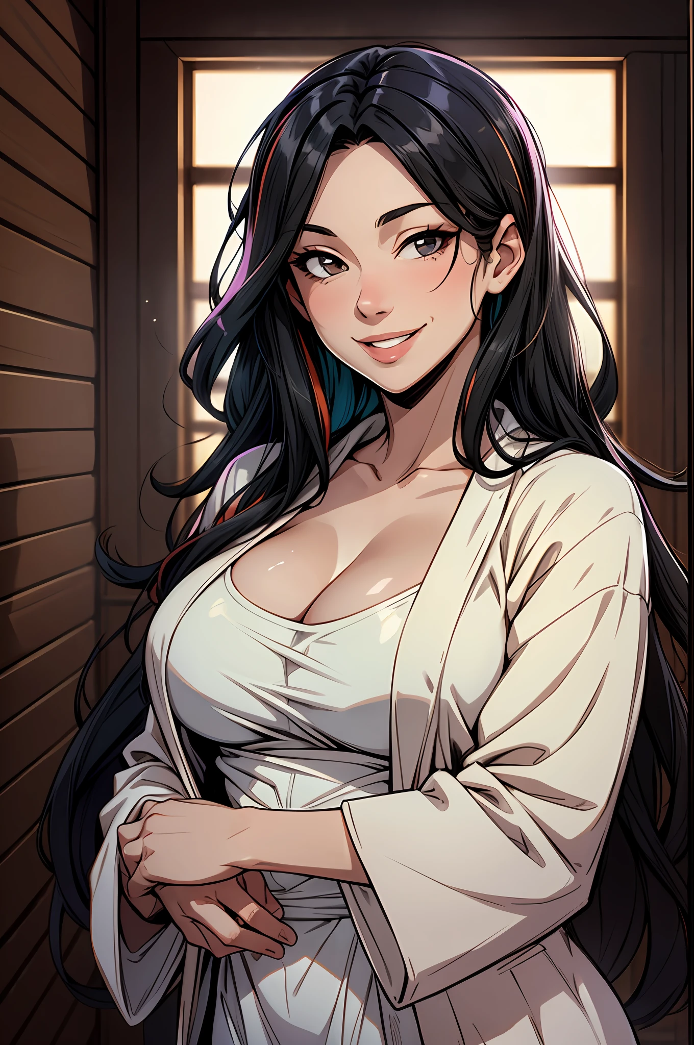 woman, (milf:1.2), bust, smiling, looking at viewer, wearing a bathrobe, long black hair, sauna, upper body,
dynamic lighting, two tone lighting, high contrast