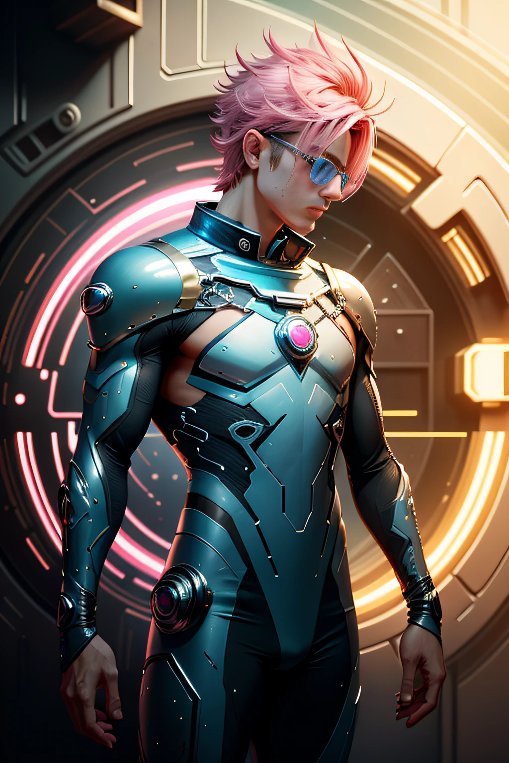 cool galactic male superhero warrior with see-through pink cyber glasses, aquamarine mikado hair and rainbow stripes, in space, front view. --auto