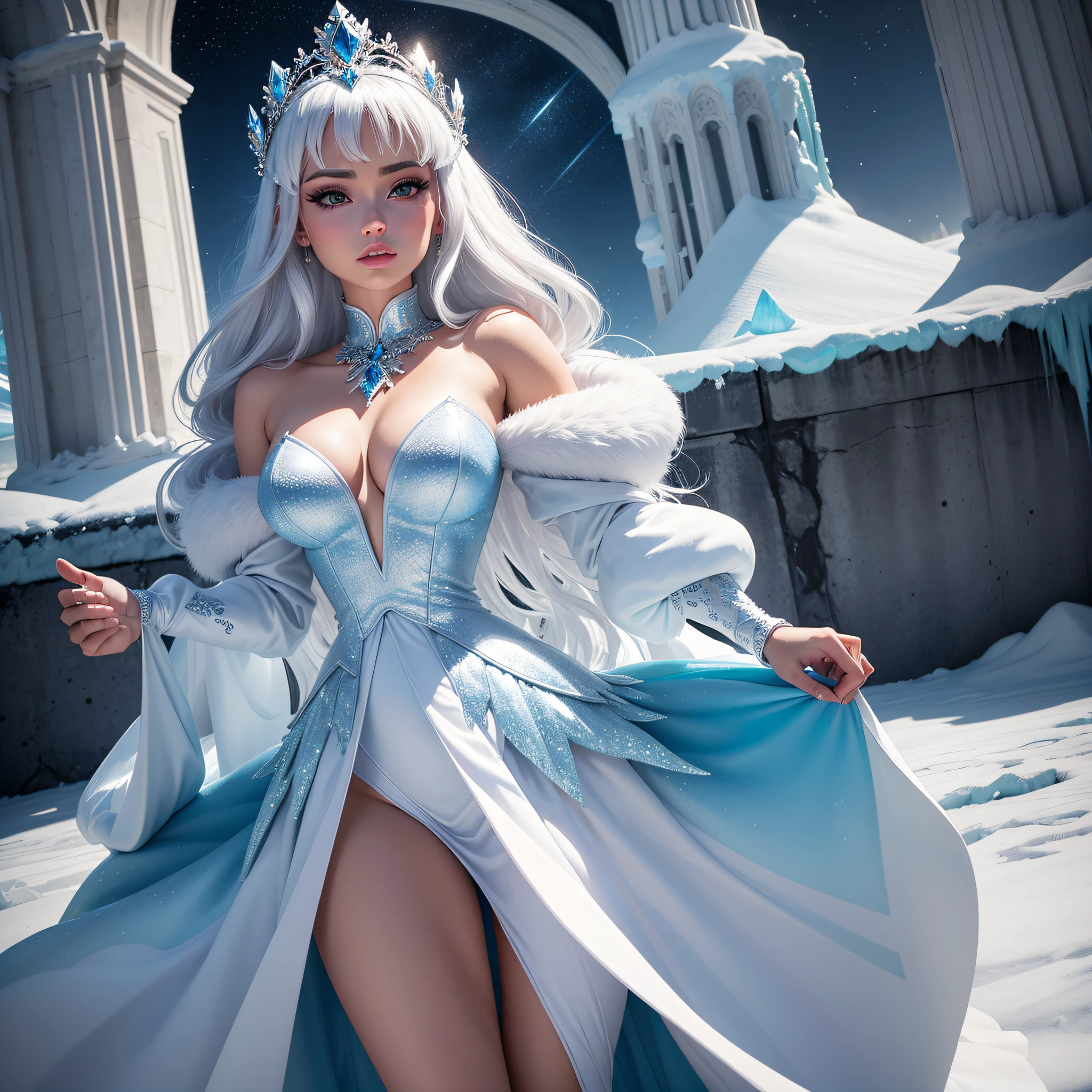 Junte-se a Barbie enquanto ela se torna uma princesa polar, Ruling an icy wonderland. Vestida com um glamoroso vestido com acabamento de pele, ela mostra sua beleza real em meio a uma paisagem glacial, truly embodying the essence of Arctic elegance.