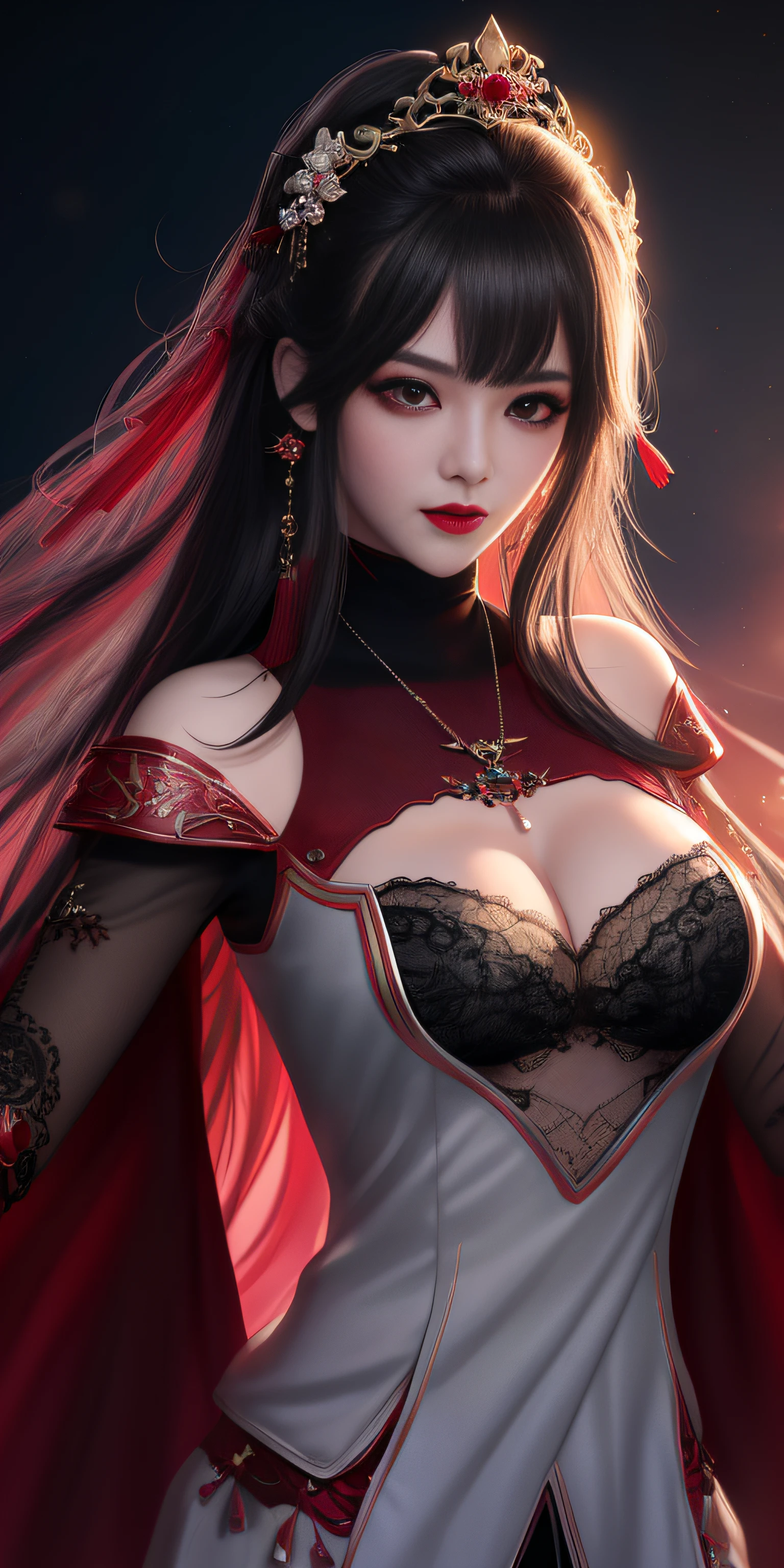 Best Quality, masutepiece, hight resolution, 1girl in, Hanfu, white and even teeth, Red irises, chinese underwear, Hair ornaments, Necklace, Jewelry, crown jewelry. Pretty Face, Upper body, Magic Import Style, Tindall Effect, photographrealistic, Dark Studio, border light, two tone light, (High Detail Skin: 1.2), 8K UHD, Digital SLR , Soft light, High quality, Volumetric Lights, Candid, Photo , High resolution, 4K, 8K, Bokeh, (Light pink lips), 1 beautiful demon from hell, In the Dark: 1.6), Surreal portraits of women by David Hockney and Alphonse Mucha, Fantasy Art, Photorealism, Dynamic lighting, station art, poster for, Volumetric lighting, extra detailed face , Super 8K, Awarded, In the Dark, deepshadow, low illuminance, cowboy lens, (Red Phoenix Shirt: 1.4), Long hair, Black hair, Bust, luxury palace, Royal style family, devil's crown, Red eyes with very sharp and detailed makeup, best faces, Very round and tight breasts, Surreal, chinese women's clothes, turtleneck polo lace top, Charming smile, Beautiful eye makeup, guweiz, devil style, Black lace stockings, ponytail with a bow at the back, dark red lips, Demons tattoo on shoulder, wearing a nightgown thin lace deep slit chest red black, lace cape, overcast and thundering landscape, (Portrait), Protagonist Close-up, (Background detail 1.8),
