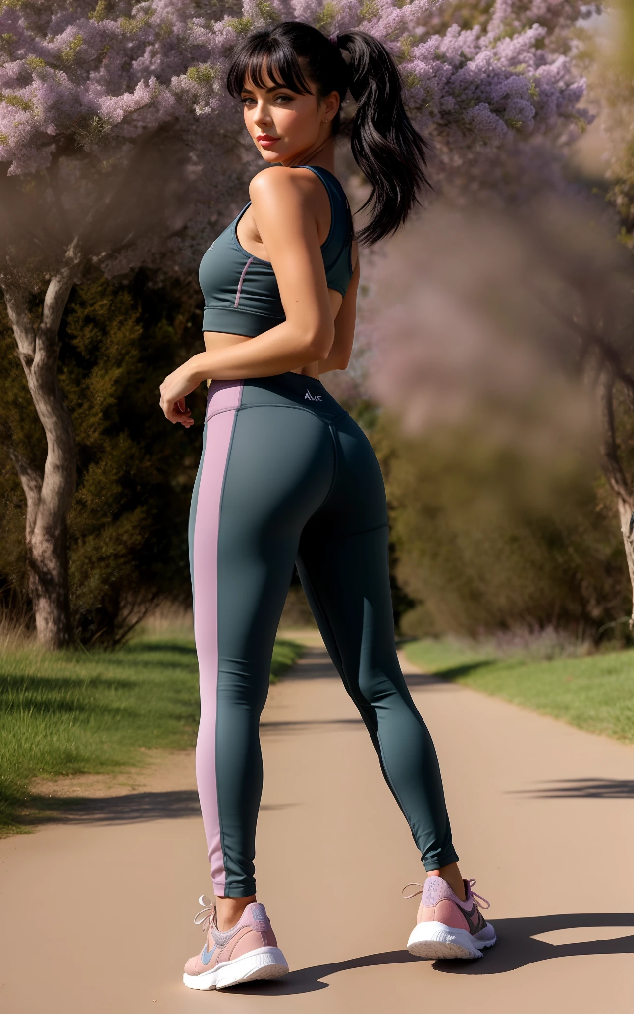 ((Elizabete Taylor)), Young Elizabeth Taylor with her violet eyes dressed in a blue sports ensemble and pink sneakers posing for a photo with her black hair tied in a ponytail and violet eyes, She's empty-handed, two piece workout clothes, traje apertado, roupa apertada, Leggings, Matte Navy - Bodysuit Azul, Back from Toned, Leggings, Azul escuro, imagem de perfil, azul-marinho, corpo inteiro;, full-length view, ajuste apertado, roupas esportivas fofas, tiro de comprimento total, distant full body view, Standing in a green grassy park om flowers around the path with fruit trees at sunset with a twilight sky with some pink clouds, altamente detalhado, detalhes intrincados