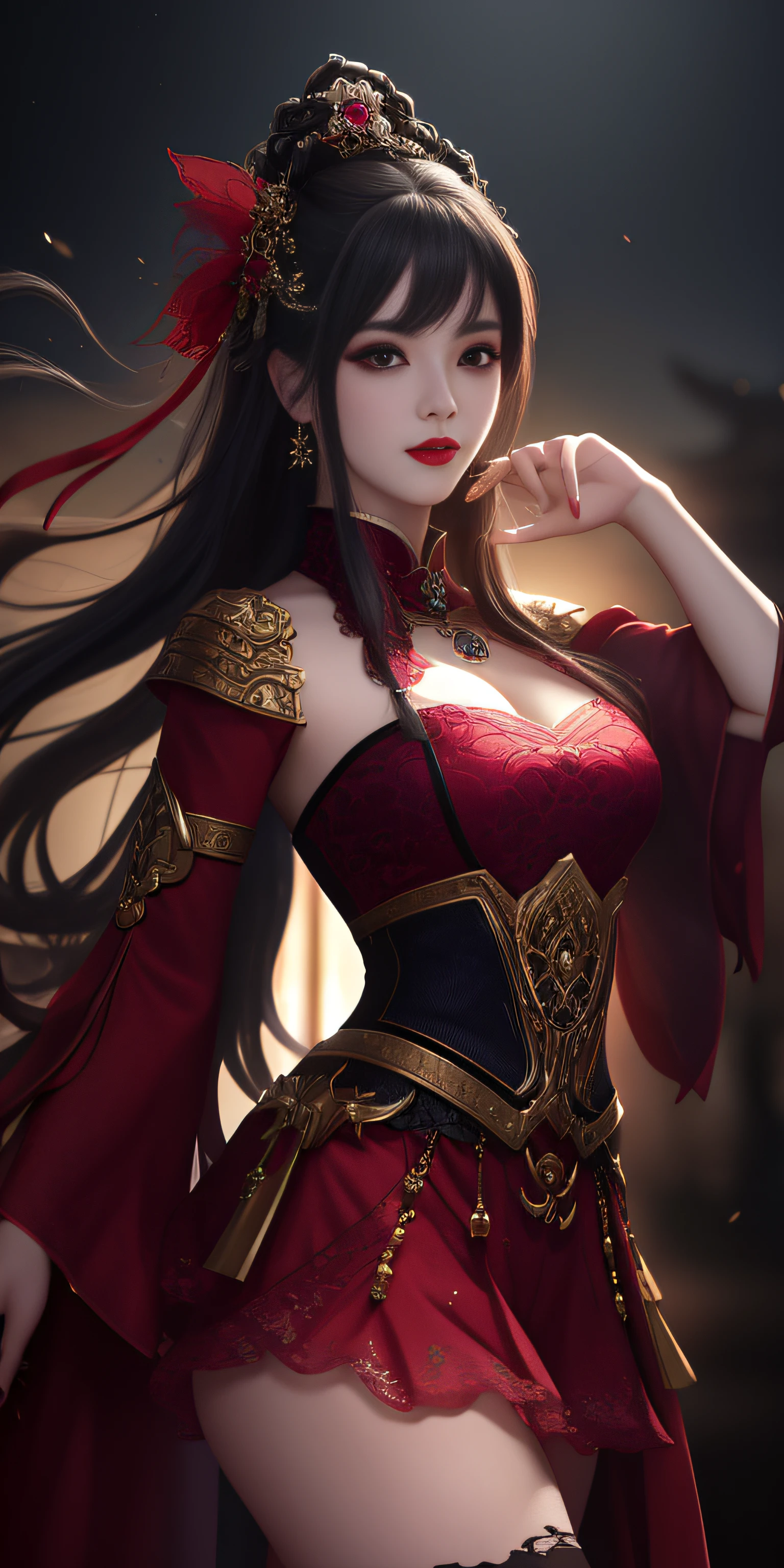 Best Quality, masutepiece, hight resolution, 1girl in, Hanfu, white and even teeth, Red irises, chinese underwear, Hair ornaments, Necklace, Jewelry, crown jewelry. Pretty Face, Upper body, Magic Import Style, Tindall Effect, photographrealistic, Dark Studio, border light, two tone light, (High Detail Skin: 1.2), 8K UHD, Digital SLR , Soft light, High quality, Volumetric Lights, Candid, Photo , High resolution, 4K, 8K, Bokeh, (Light pink lips), 1 beautiful demon from hell, In the Dark: 1.6), Surreal portraits of women by David Hockney and Alphonse Mucha, Fantasy Art, Photorealism, Dynamic lighting, station art, poster for, Volumetric lighting, extra detailed face , Super 8K, Awarded, In the Dark, deepshadow, low illuminance, cowboy lens, (Red Phoenix Shirt: 1.4), Long hair, Black hair, Bust, luxury palace, Royal style family, devil's crown, Red eyes with very sharp and detailed makeup, best faces, Very round and tight breasts, Surreal, chinese women's clothes, turtleneck polo lace top, Charming smile, Beautiful eye makeup, guweiz, devil style, Black lace stockings, ponytail with a bow at the back, dark red lips, Demons tattoo on shoulder, wearing a nightgown thin lace deep slit chest red black, lace cape, overcast and thundering landscape, (Portrait), Protagonist Close-up, (Background detail 1.8),