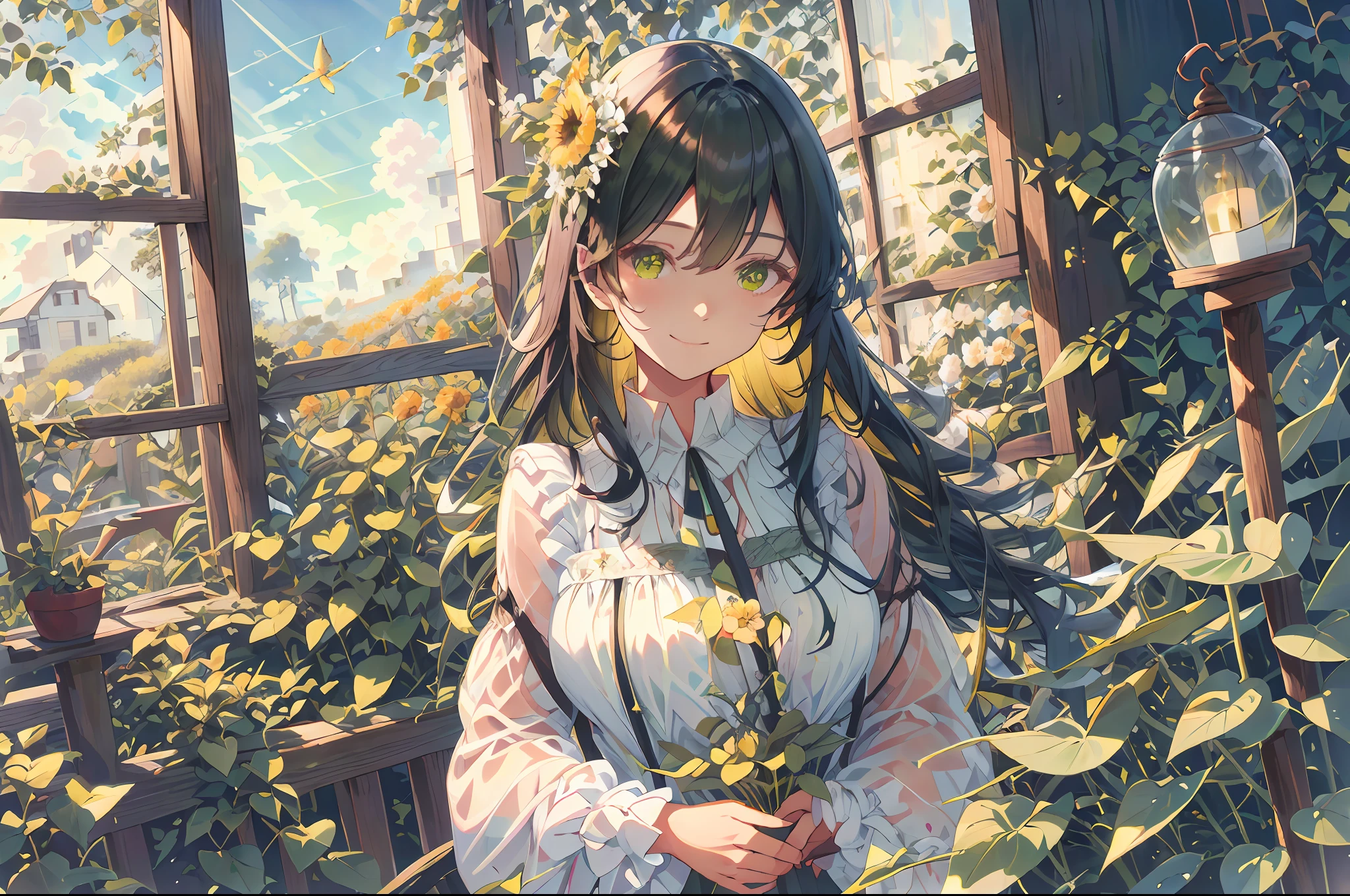 cabelos preto e longos,Girl holding a flower in front of the window,Wooden windows,ssmile,Yellow-green mixed eyes,Fluttering hair,White suspender set,耳?????? Ring,green leaf,Carillons,best qualtiy,8K,textureskin,gentlesoftlighting,aquarelle