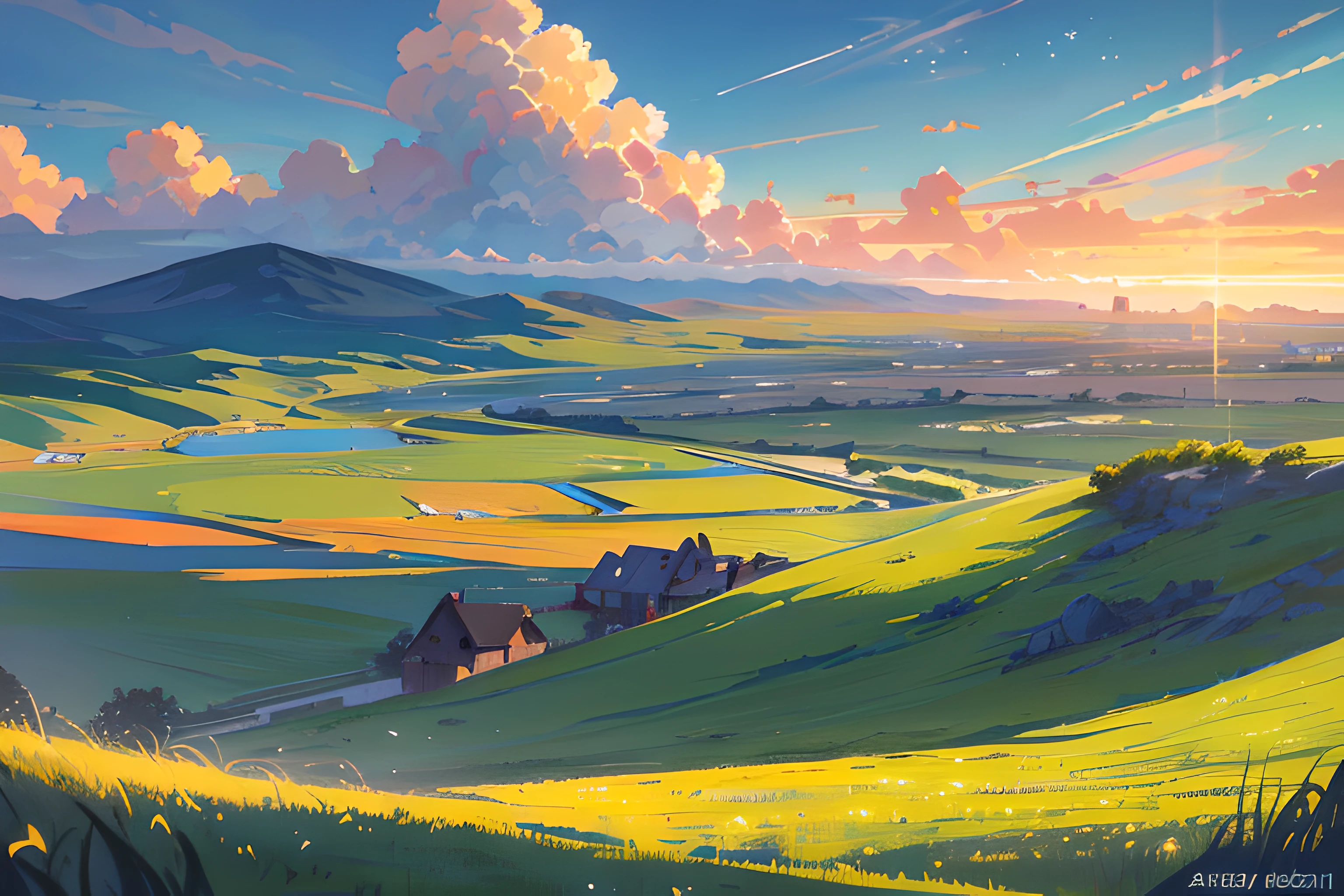 The vast sky, beautiful skyline, large grasslands, extremely tense and dramatic pictures, moving visual effects, the high-hanging Polaris, and colorful natural light. A settlement in the distance stands on a river. (Highest Quality, Amazing Details:1.25), Brilliant Colorful Paintings