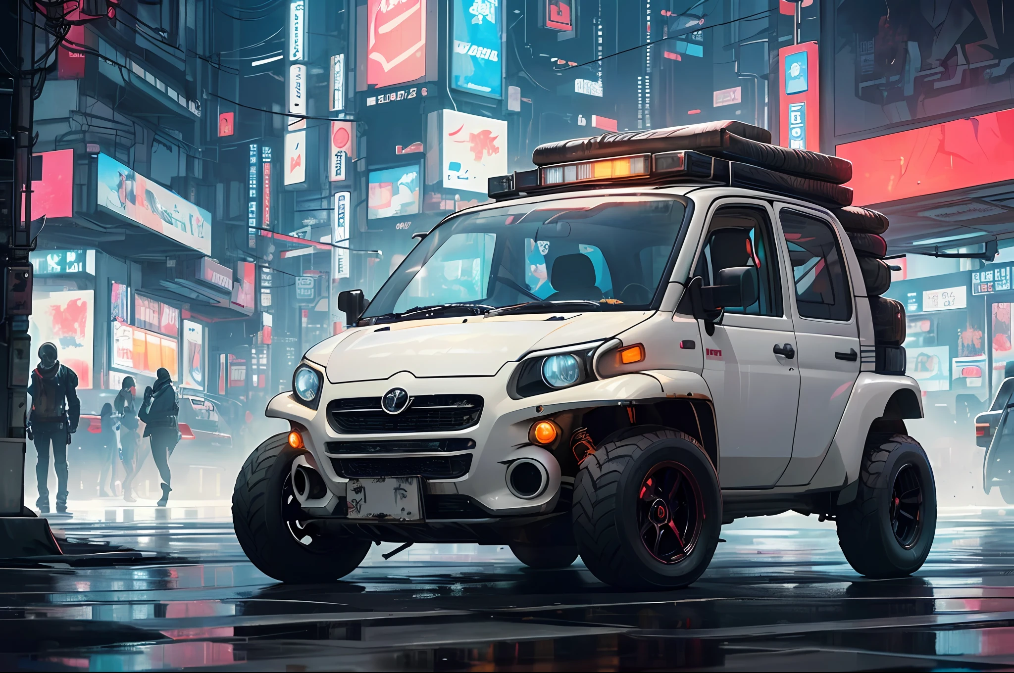 (at late night:1.3), , (detailed beautiful skin textures, detailed beautiful face, ultra detailed clothing textures), , (Cyberpunk:1.4), , (an ultra detailedfour-wheeled and long bonnet tuk-tuk with load on roof carrier and eear loading platform with luggage on it and letter-tyres), , (3/4 front view, The car is in the center of the frame), , (at parking area, at ultra detailed Night City of Cyberpunk), (All cars are classic cars with cyberpunk custumed), , (softlighting), , (masterpiece, best quality:1.4, 8k, ultra detailed, illustration, distinct_image, intricate_details, delicate illustration), (realistic:0.15),