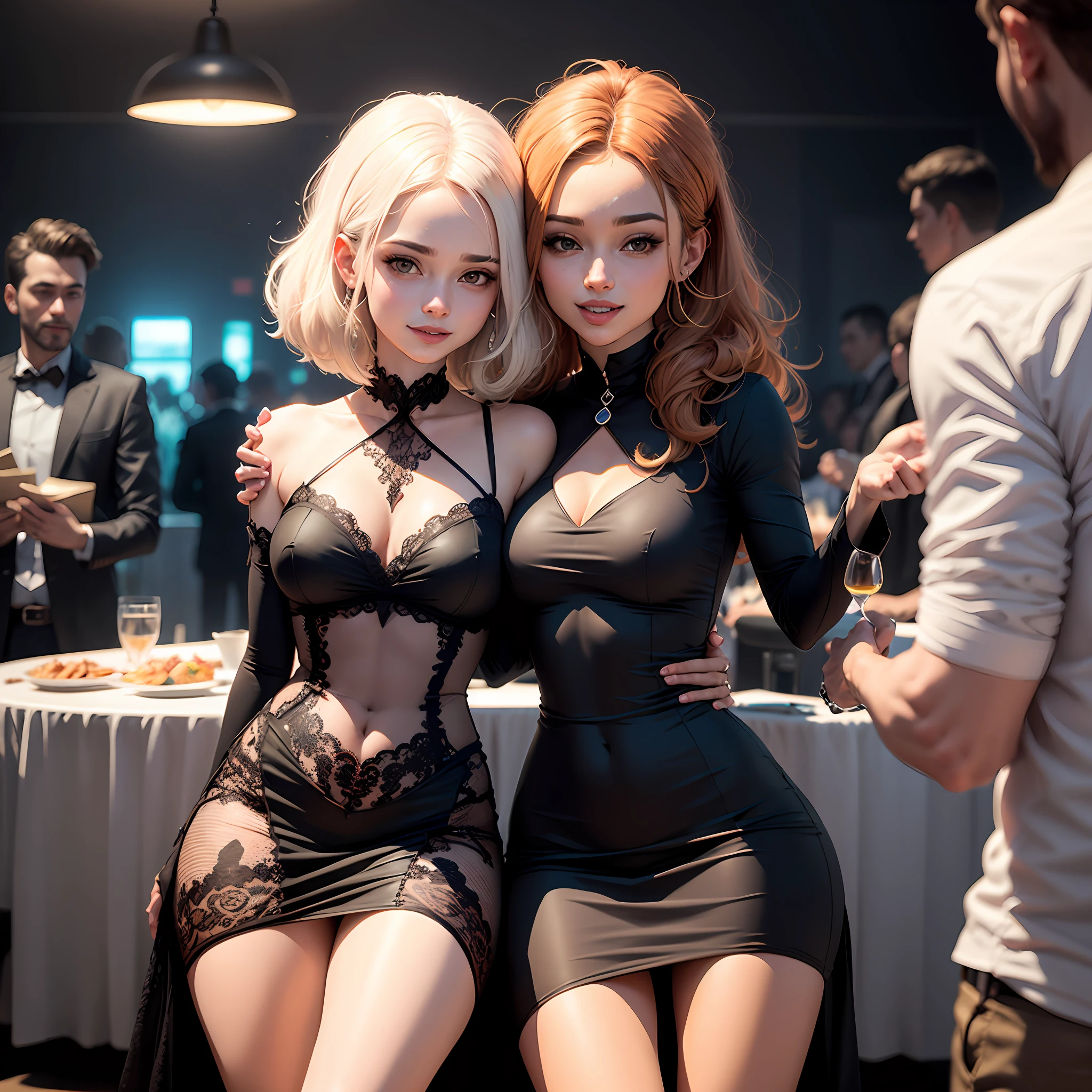Scene at a lively party with loud music and a lively crowd filling the room. Laura, uma jovem com cabelos cacheados e vestindo um vestido elegante, faz contato visual com um homem atraente, Alex, que tem um sorriso cativante. Os dois se aproximam e iniciam uma conversa animada, envolvendo-se em uma troca de olhares e risos. --auto