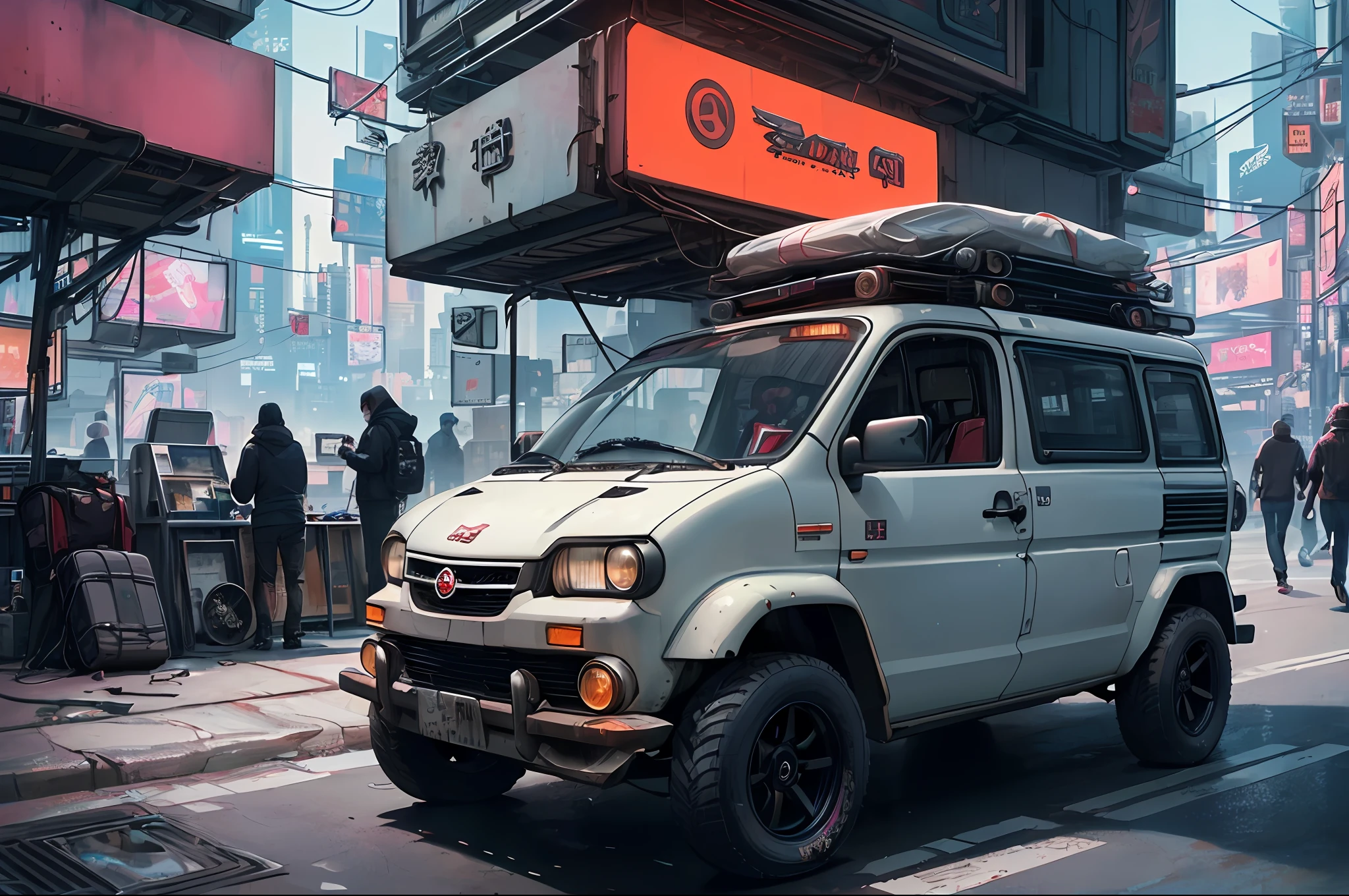 (at late night:1.3), , (detailed beautiful skin textures, detailed beautiful face, ultra detailed clothing textures), , (Cyberpunk:1.4), , (an ultra detailedfour-wheeled and long bonnet tuk-tuk with load on roof carrier and eear loading platform with luggage on it and letter-tyres), , (3/4 front view, The car is in the center of the frame), , (at parking area, at ultra detailed Night City of Cyberpunk), (All cars are classic cars with cyberpunk custumed), , (softlighting), , (masterpiece, best quality:1.4, 8k, ultra detailed, illustration, distinct_image, intricate_details, delicate illustration), (realistic:0.15),