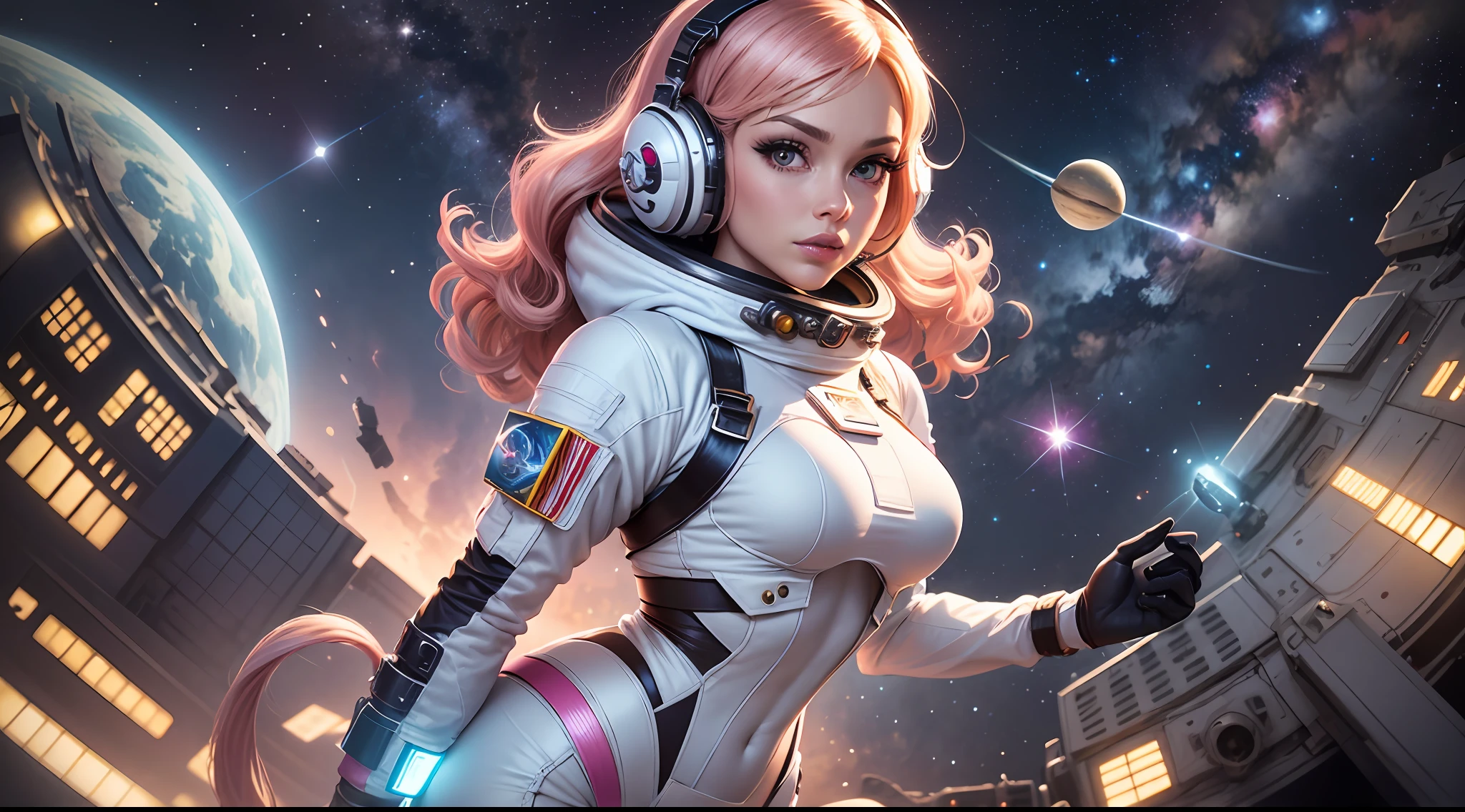 Barbie explorador espacial" Embark on a cosmic journey as Barbie transforms into an intrepid astronaut, exploring the mysteries of space. Vestindo um traje espacial futurista, ela flutua graciosamente em um ambiente leve, cercada por estrelas e maravilhas celestiais. --auto --s2