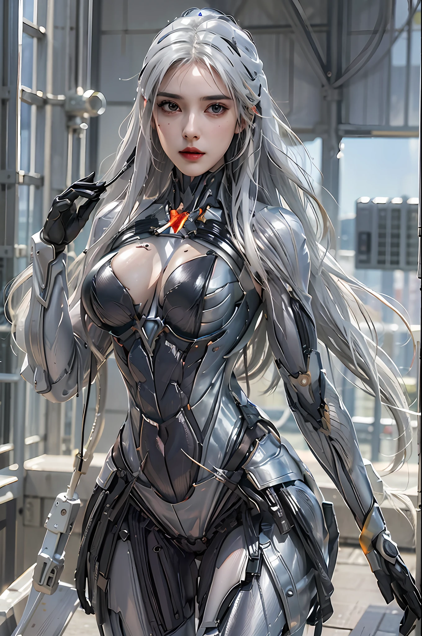 photorealistic, high resolution, 1 girl, hips up, beautiful eyes, white hair, long hair, nanosuit