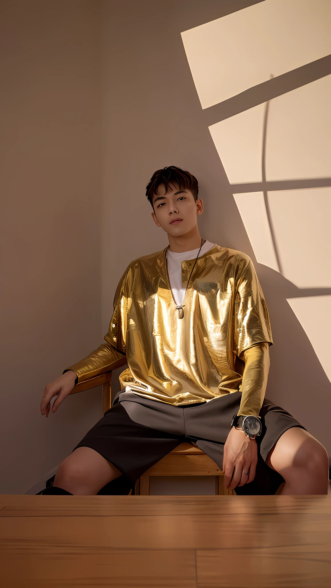 best quality, masterpiece, (photorealistic:1.4), 1youthful man,22 years-old, ultra high detail face,solo, short hair, big eyes, coat,long sleeves, upper body, dramatic lighting, Hand proportions are correct,Summer Bright Velvet Handsome Short Sleeve T-Shirt,looking at viewer, Sit in a chair,indoors, living room, tables, carpet, wooden floor, decorations, window, sunshin