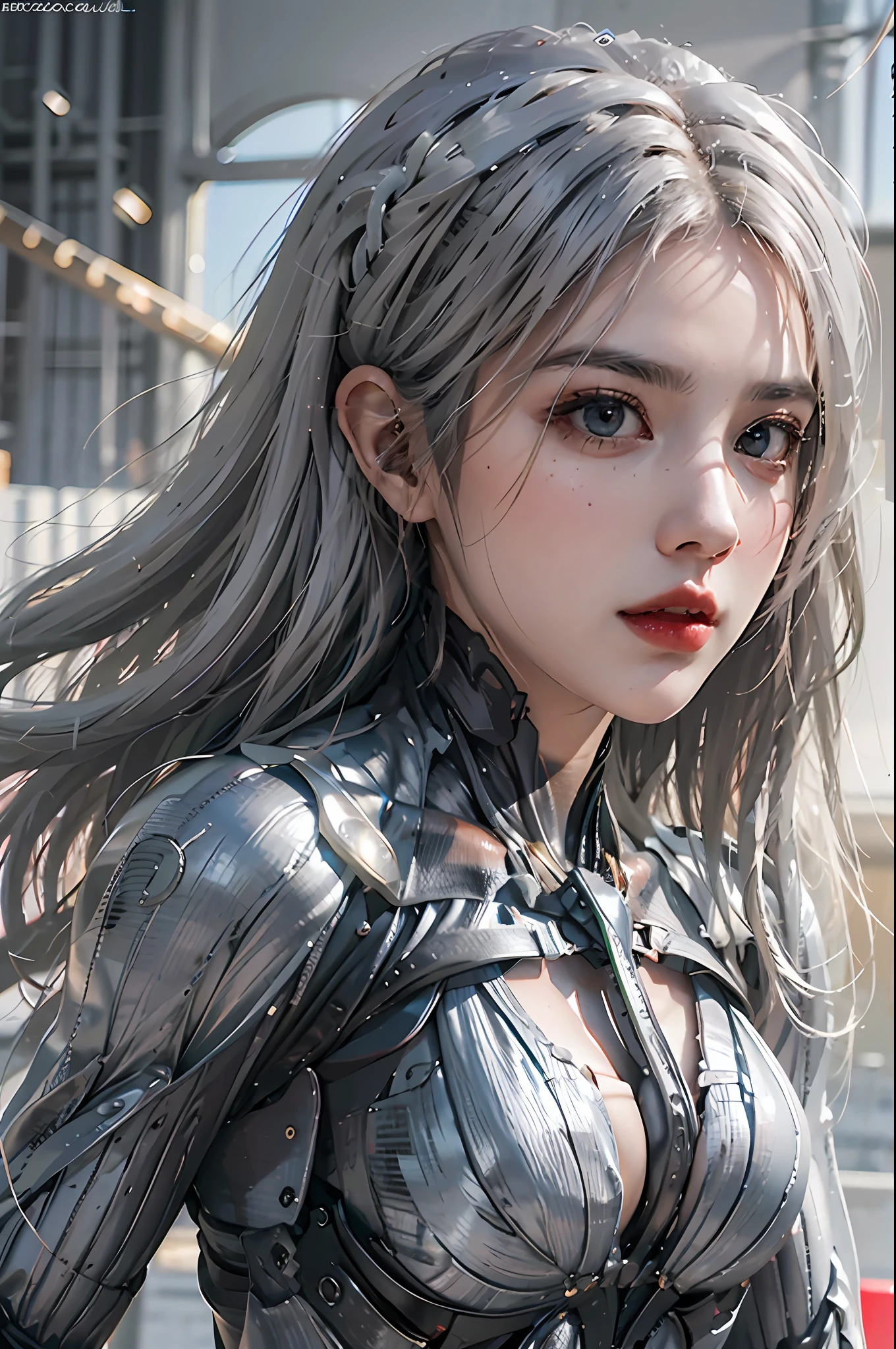 photorealistic, high resolution, 1 girl, hips up, beautiful eyes, white hair, long hair, nanosuit