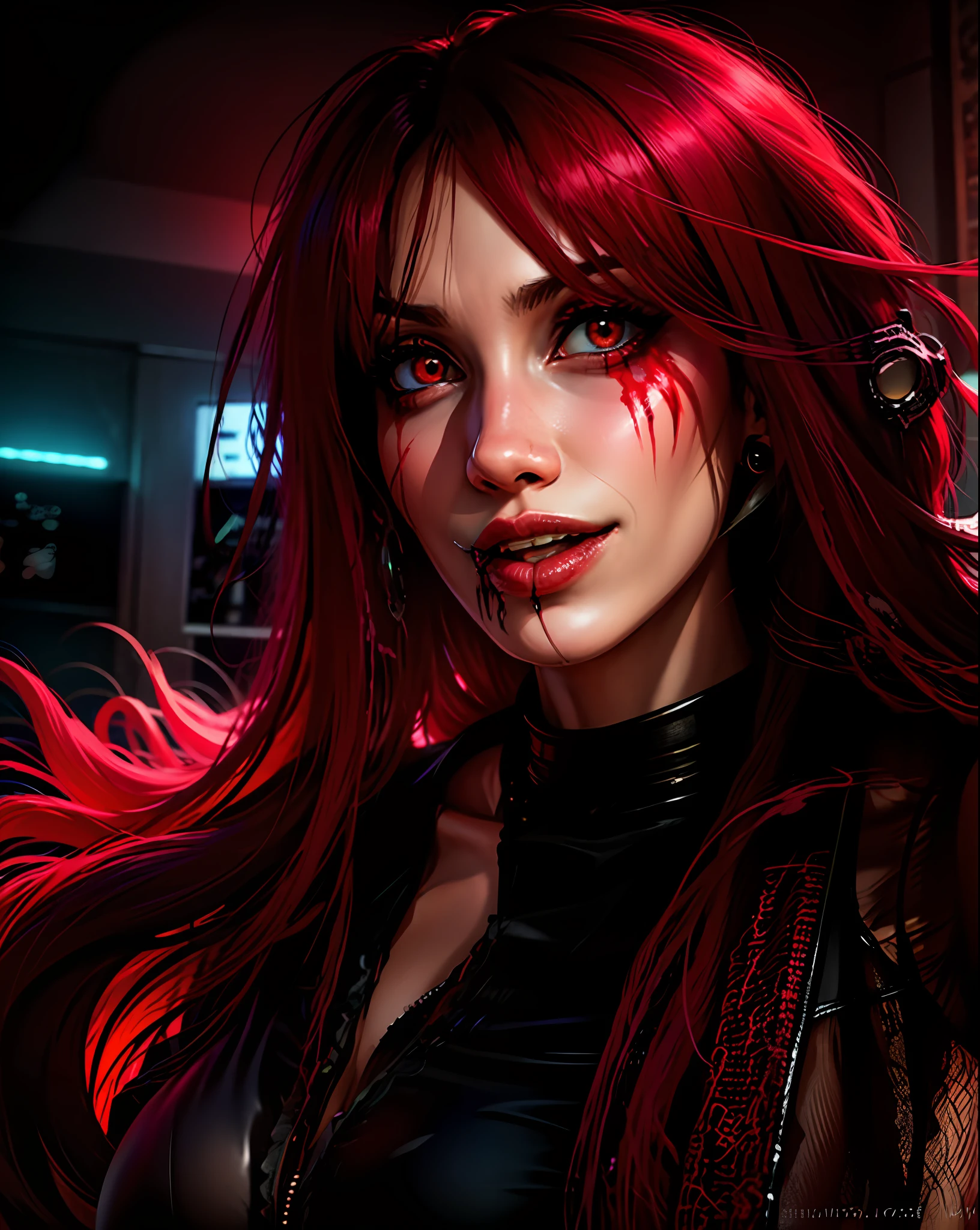 Mulher com cabelo vermelho e maquiagem em uma camisa preta, brutal sluty sluty maquiagem, brutal sangrenta e maquiada, Cosplay realista, olhar assustador, Cosplay capuz vermelho, maquiagem cyberpunk, respingo de sangue nas laterais, gothic horror vibes, messy black / red hair, cabelos vermelhos carmesim e olhos vermelhos, wearing goth makeup, peruca vermelha,in a post-apocalyptic horror setting