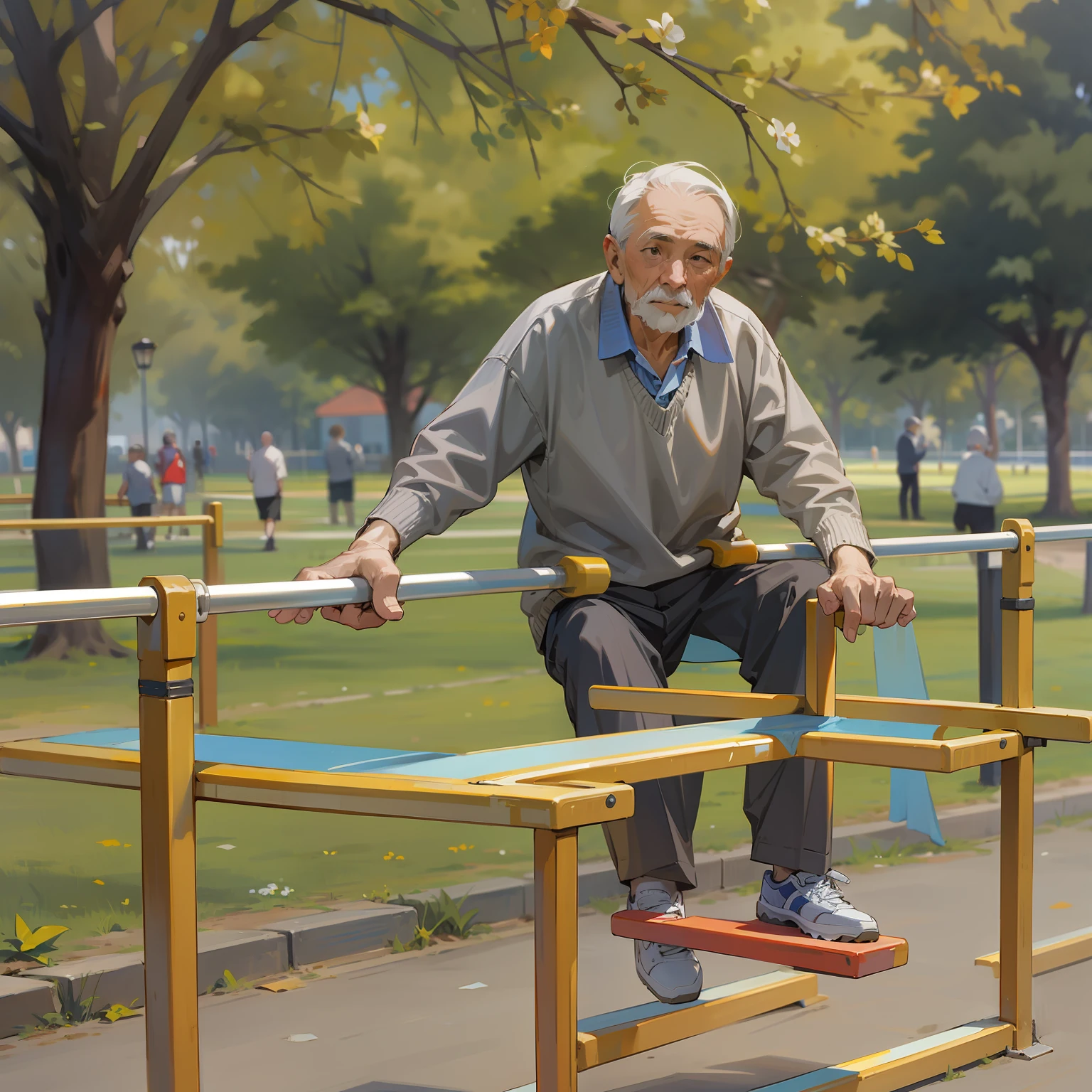 A 70-year-old grandfather plays parallel bars in the park，Sports equipment