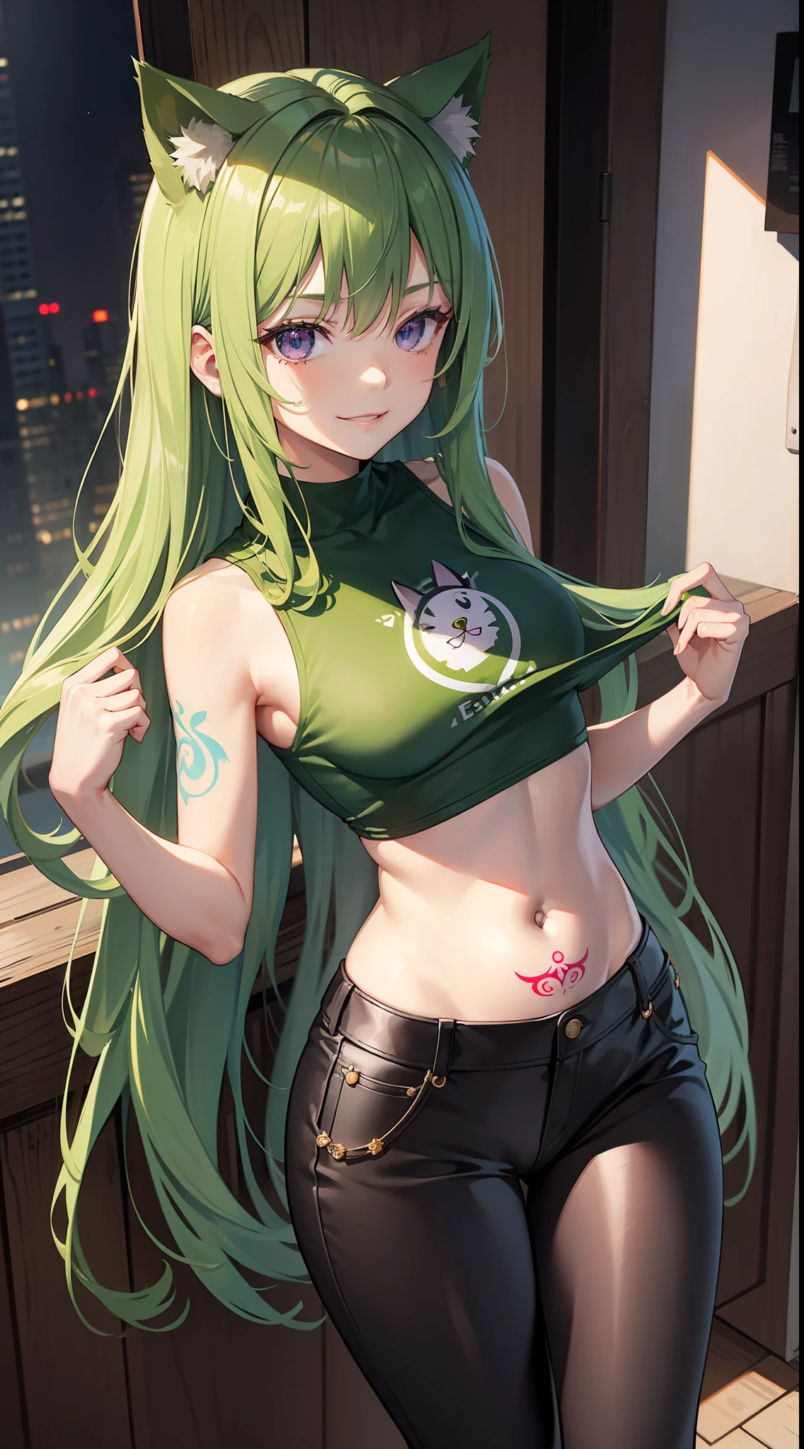 young girl, long green hair, violet eyes, Cat's ears, green leather t-shirt, Sleeveless, open belly, Tatoo, neckline on the chest, smirk, breeches, Masterpiece, hiquality