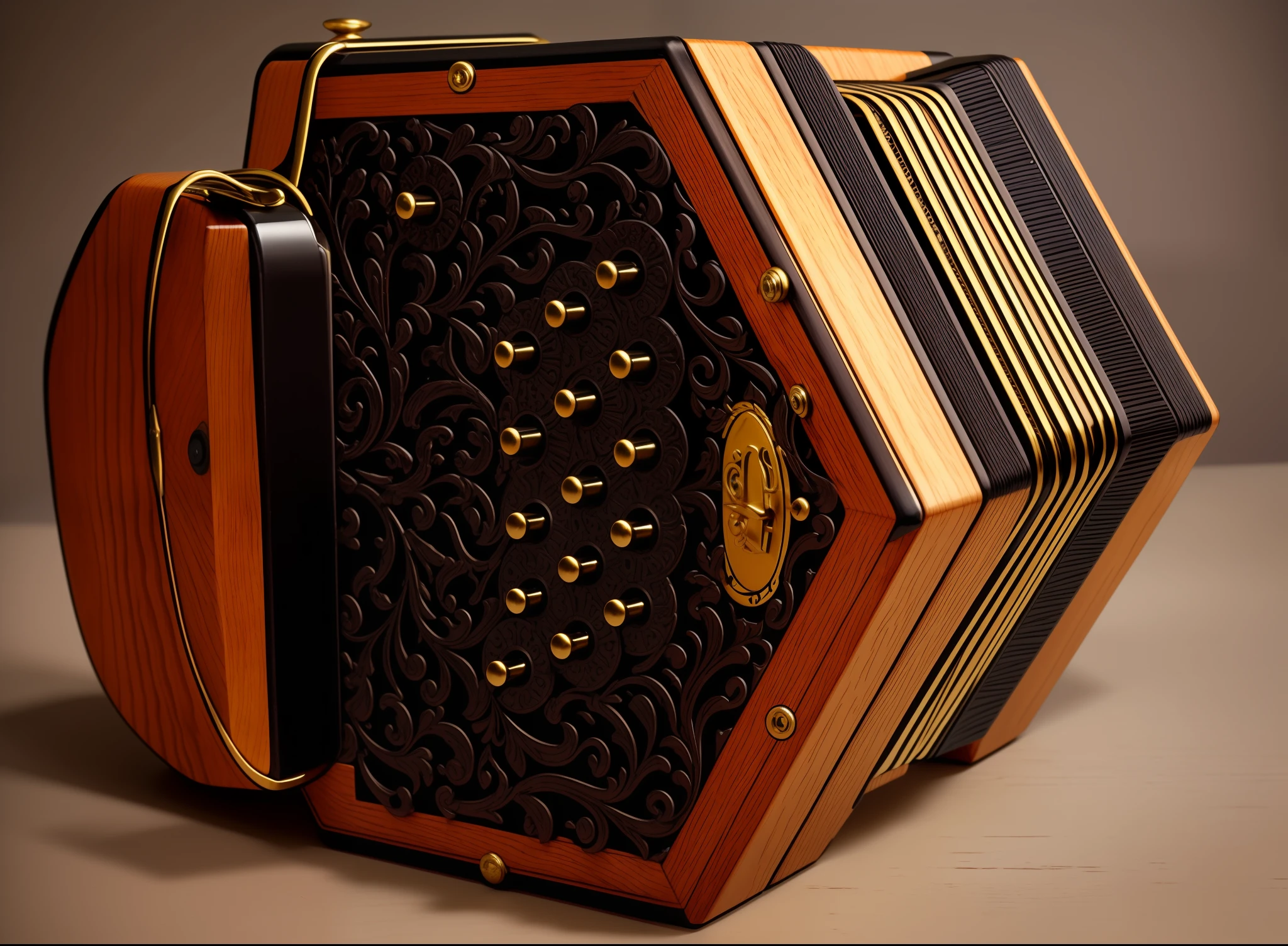 an image of a small wooden accordion with a black band, cursed baroque with ebony inlay, musical instrument, version 3, highly ornate, Whoa, very ornate, by Bryan Organ, very ornamented, intricate detail and quality, ornate intricate, intricate ornate, features intricate detail, Beautiful design, high - intricate - detail, musical instrument, full - view, ornate