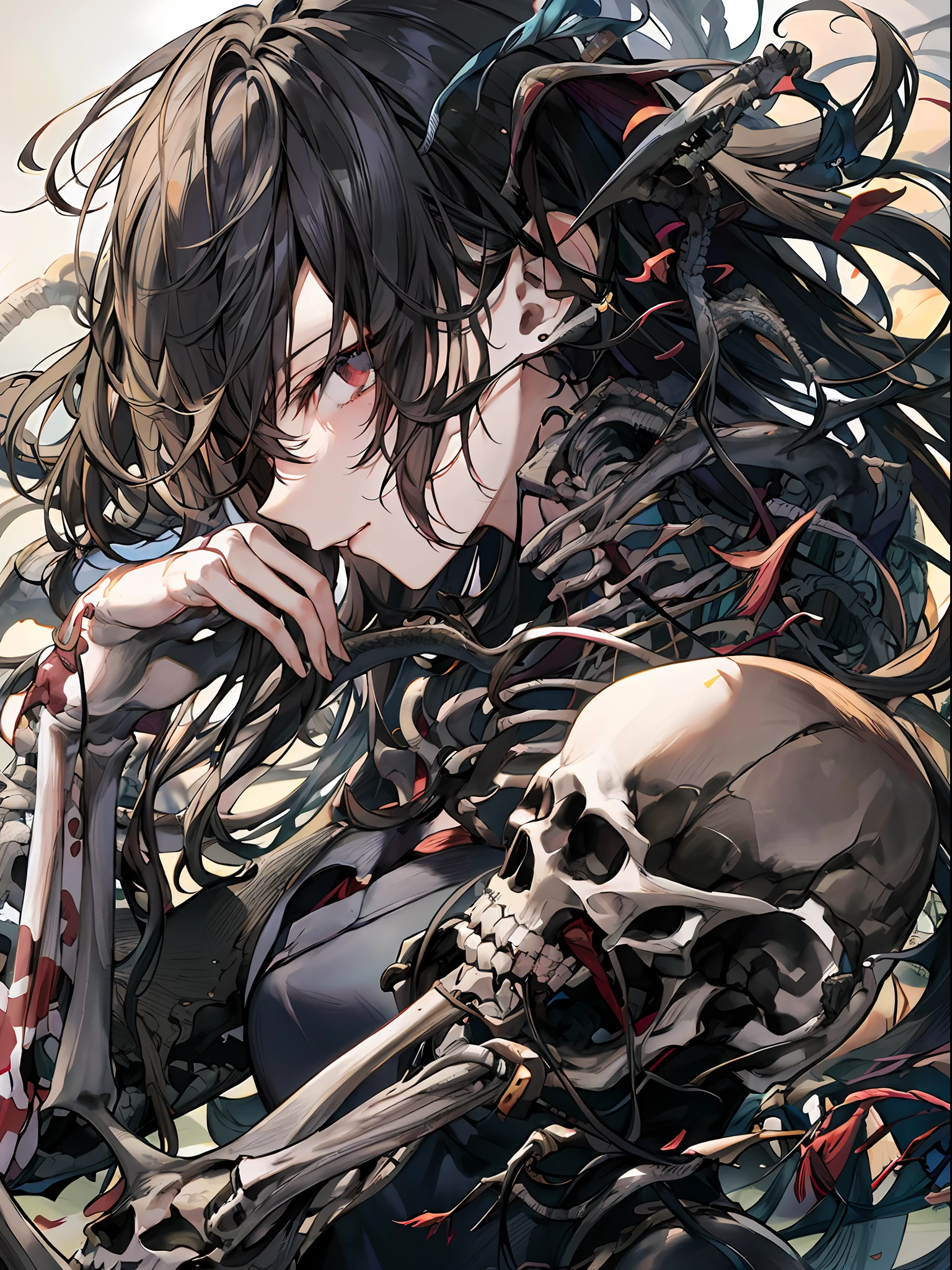 tmasterpiece,Anime girl with skeletons and skeletons in her hands, detailed anime art, Detailed anime artwork, Detailed digital anime art, anime skull portrait woman, clean and meticulous anime art, Detailed key anime art, tsutomu nihei art, Beautiful anime artwork, Anime art wallpaper 4k, Anime art wallpaper 4 K, detailed anime character art, 4K anime wallpaper