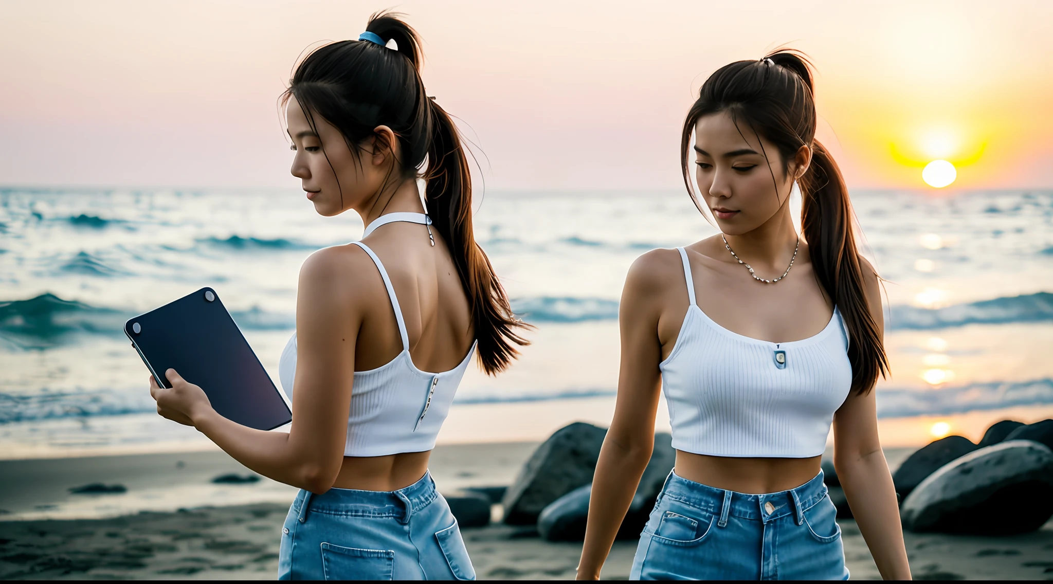 early evening,Sunset,beachside,A fashionable white-collar worker,femele,Long hair and high ponytail,There are slight beads of sweat on his forehead,Small strap on the upper body,Denim hot pants at the bottom,Holding a small teddy left and right,The right hand holds the mobile phone and reads the information。The crowd around her saluted her --auto