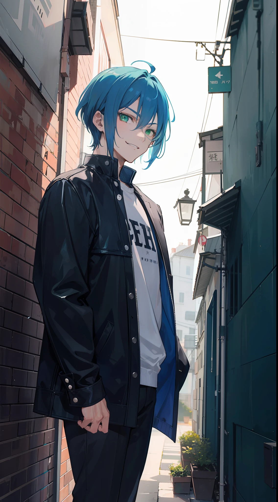 A man, blue hair and green eyes, sharp short hair, wearing a casual cloth, standing in a narrow alley alone, night, badass, mascular, his face is dark, evil smile, a little stocky