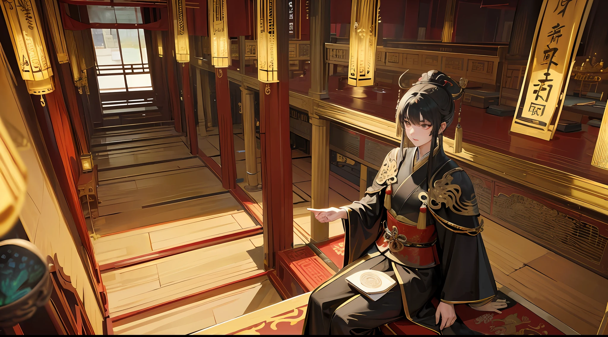 In the magnificent Qin Dynasty Palace Hall，of a guy，Wearing a black dragon robe，Sit high above the main hall，中景 the scene is。Large wide angle --auto