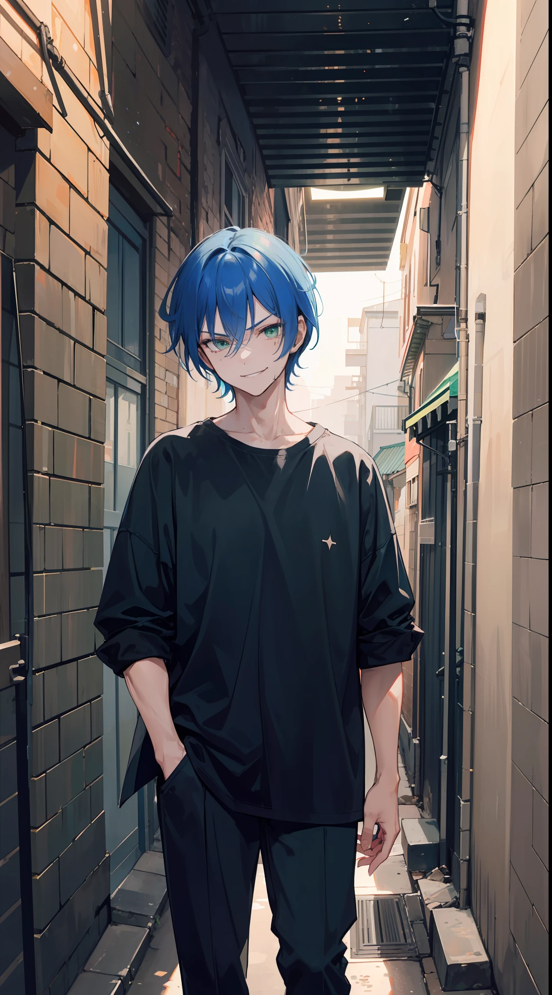 A man, blue hair and green eyes, sharp short hair, wearing a casual cloth, standing in a narrow alley alone, night, badass, mascular, his face is dark, evil smile, a little stocky