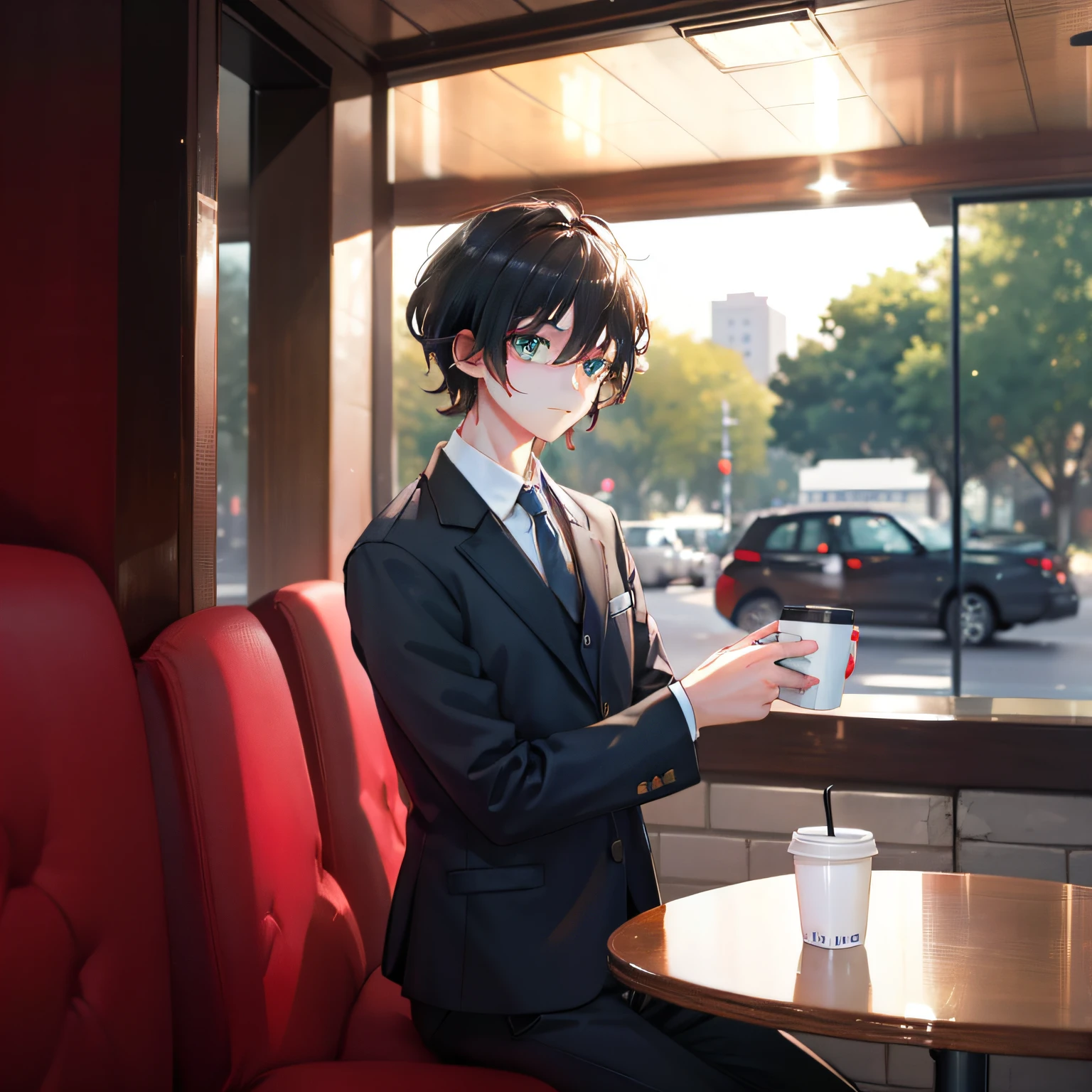 A boy，50yearsold，Three and seven points of short black hair，Brown eyes，dressed in a suit，At the coffee shop，Sit and drink coffee，The expression was dazed