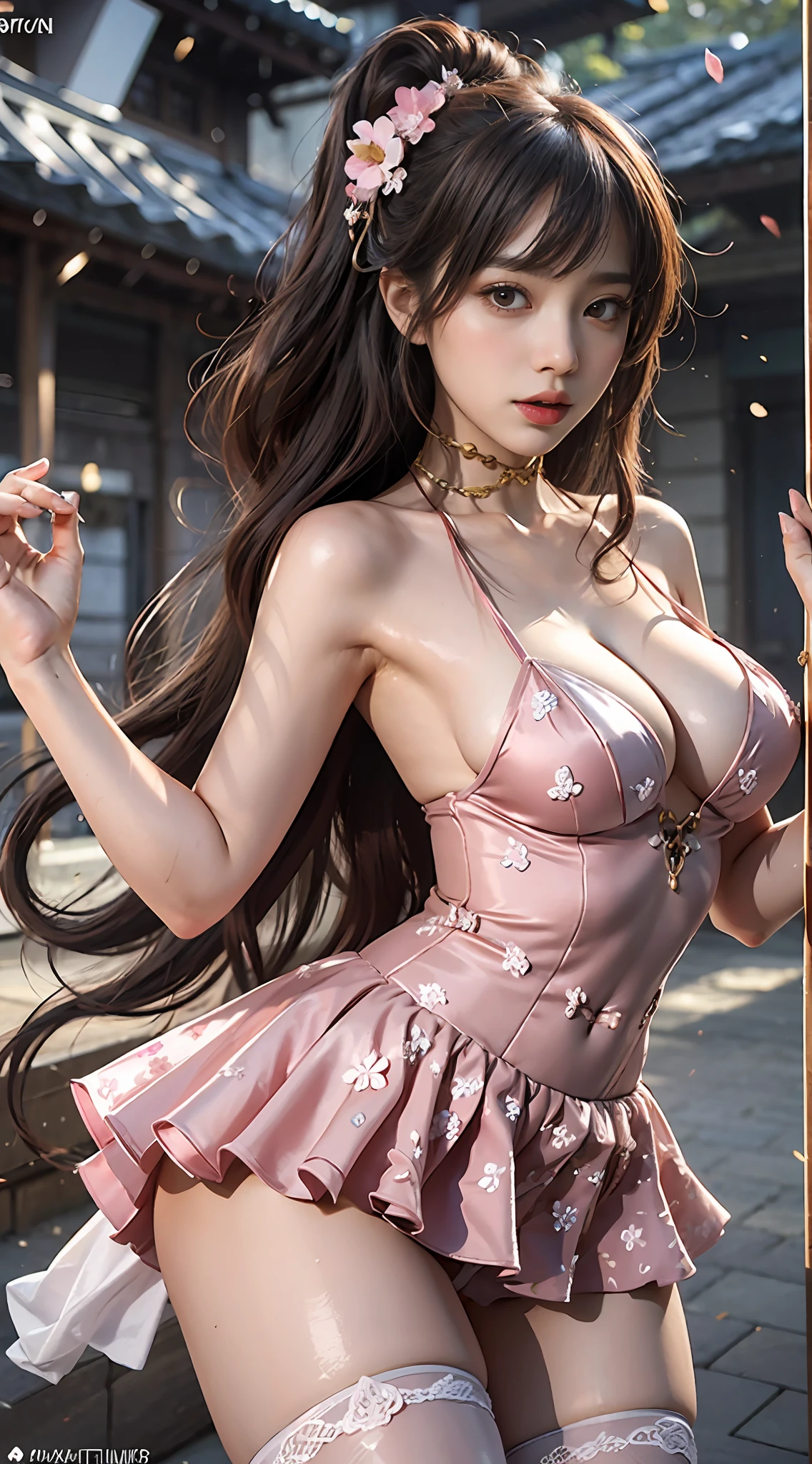 Girl in pink dress posing enchantingly，Keqing from Genshin Impact，Nakari from Genshin Impact，Barbie wears white lace stockings，From Azure Lane video games，Ki no Sakura，Popular on CGstation，ayaka genshin shock，ayaka game genshin impact，sitted，Lights hit important places，Designed by Peter Savile《ultra-wide-angle》The album cover is in gold and black tones，Add a touch of history and tradition to the futuristic environment, east asian architecture, blur backgroun, full bodyesbian, The arms are behind the back，generally，This design creates a powerful visual representation，Arouse the excitement and anticipation of the audience，Evoke their feelings about the music on the album。Flowers in hand, Legs open，beautifullegs ，If the shadow is gone，Graceful figure， seductiv，Lick your tongue，Raised sexy，Titillating，dawdling，Urgency to urinate，Flush ，Bare chest ，show legs ，petting，Contained