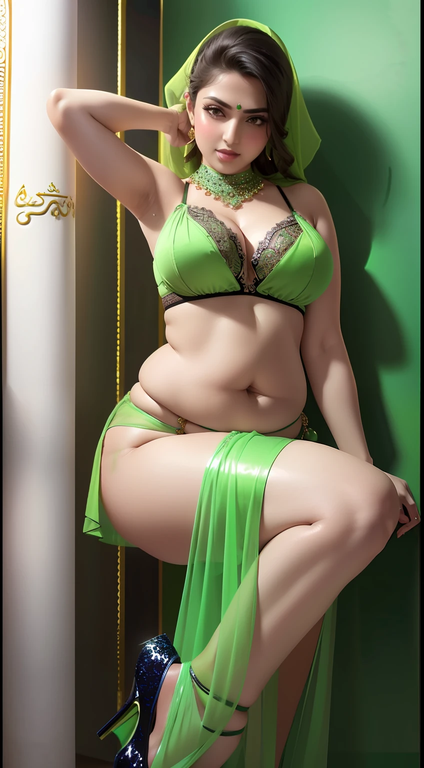 perfect face beautiful (arab:1.2) doctor in lace bra and saree wlop perfect full HDR body exposed midriff highleg (flat chest) curvy indian (armpits:1.4) bellydancer 8k chubby high res knees ankles , (plump:1.2) , cleavage (shiny skin:1.2) (full body shot:1.5) (high heels:1.5) lace bra thong (karbala:1.7) (green theme:1.6) short hair one leg on the wall