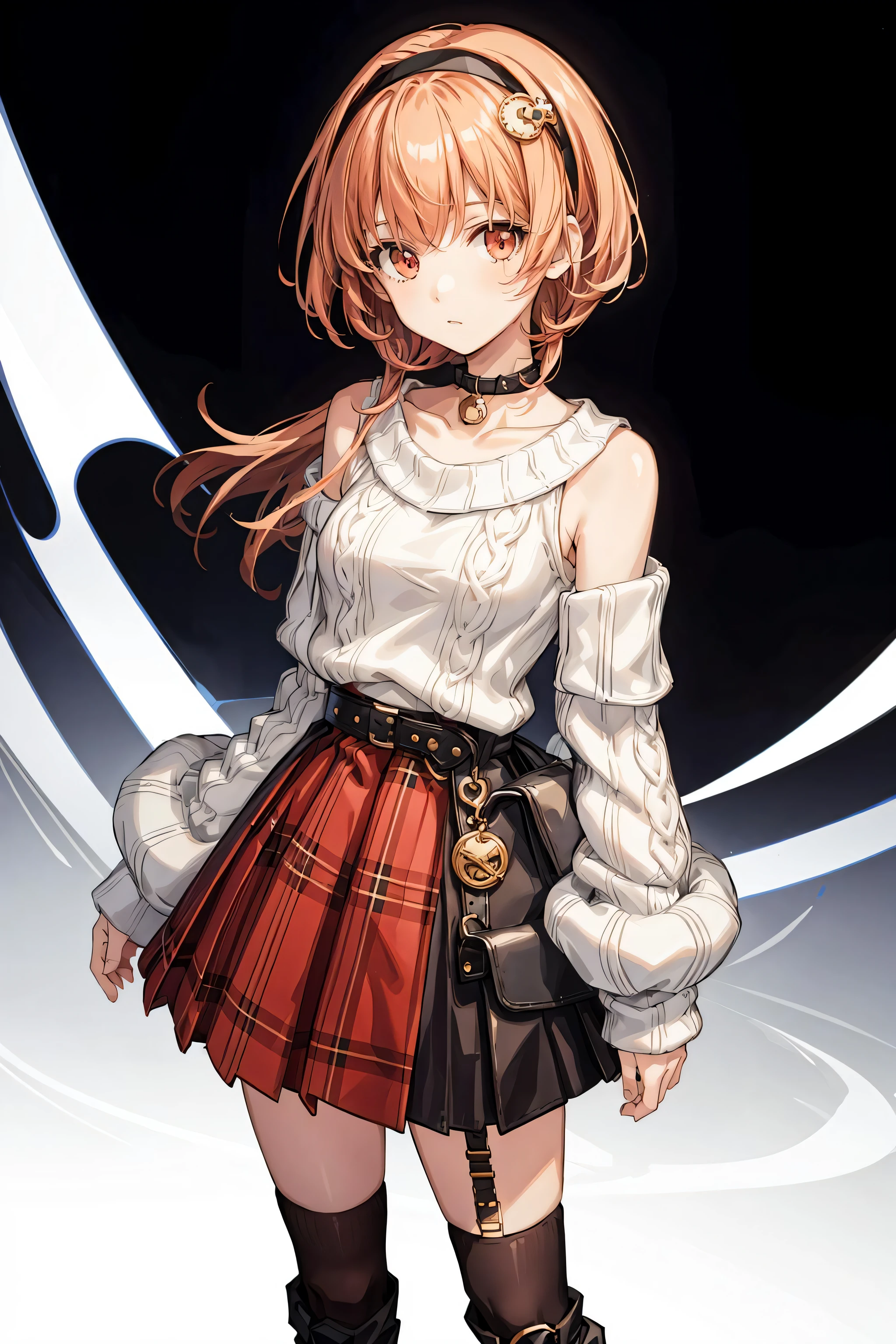 ((best quality, masterpiece)), ((style-swirlmagic):0.25)
solo, 1girl, full body, standing, compa, hairband, choker, white sweater, aran sweater, cable knit, detached sleeves, plaid skirt, pleated skirt, red skirt, black thighhighs, white footwear, boots