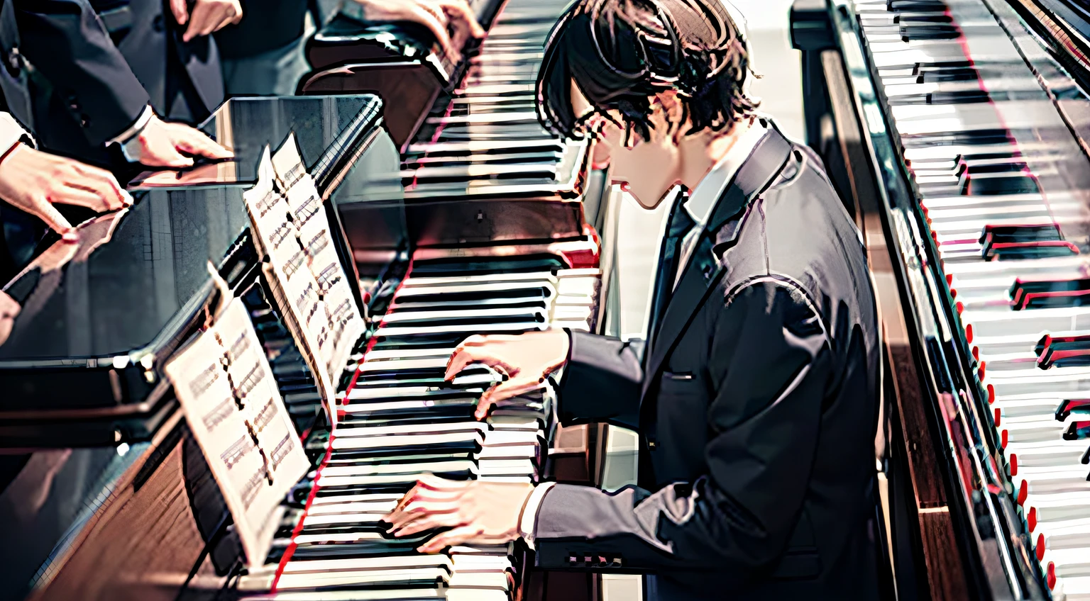 multiple persons，Onlookers，Man plays the piano