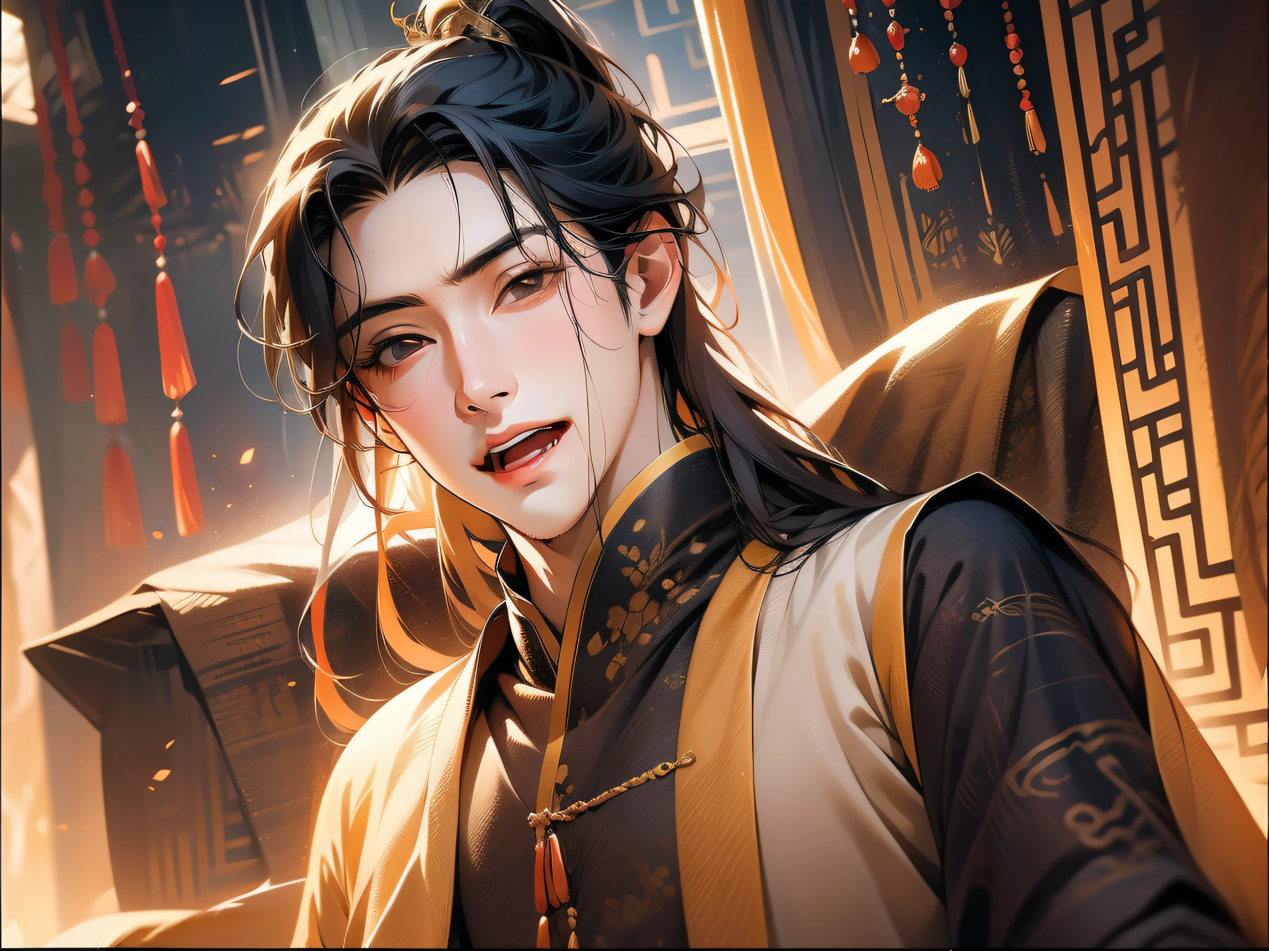 tmasterpiece,Best quality,1 boy,brown hair,Black eyes,Light-colored clothes,The background is a Chinese window,Open your mouth and laugh,masculine features