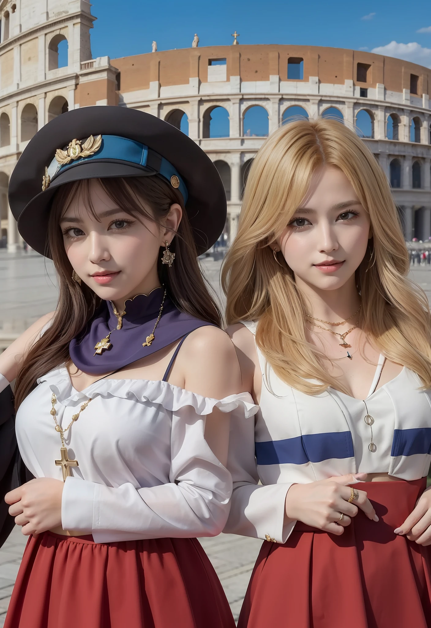 masterpiece, 4K, best quality, FELute, necklace, purple dress, (on the St. Peter's Square of Vatican,crowd,navel),bracers, cowboy shot, looking at viewer, smirk, hand up