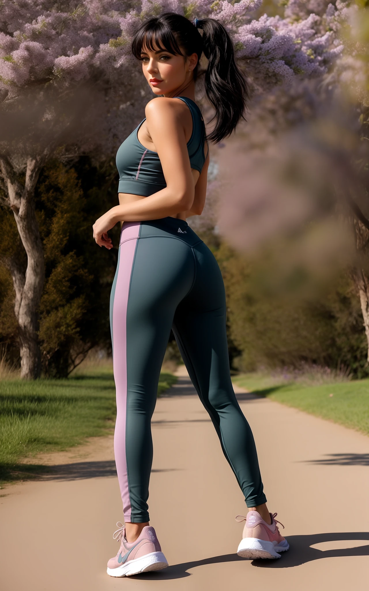 ((Elizabete Taylor)), Young Elizabeth Taylor with her violet eyes dressed in a blue sports ensemble and pink sneakers posing for a photo with her black hair tied in a ponytail and violet eyes, She's empty-handed, two piece workout clothes, traje apertado, roupa apertada, Leggings, Matte Navy - Bodysuit Azul, Back from Toned, Leggings, Azul escuro, imagem de perfil, azul-marinho, corpo inteiro;, full-length view, ajuste apertado, roupas esportivas fofas, tiro de comprimento total, distant full body view, Standing in a green grassy park om flowers around the path with fruit trees at sunset with a twilight sky with some pink clouds, altamente detalhado, detalhes intrincados