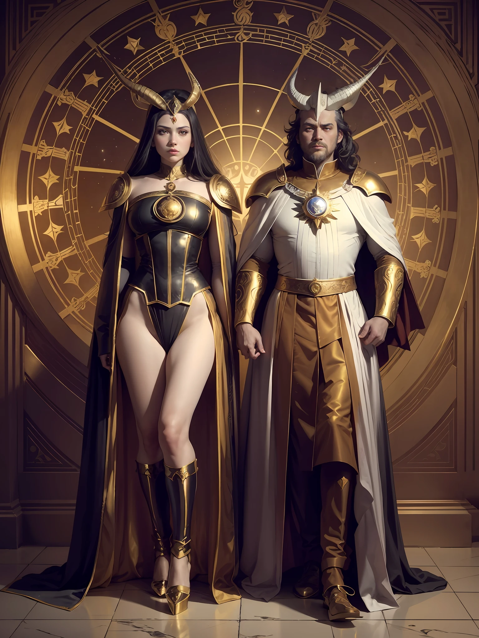 color photo of: A personification of Aries, with a magical golden Aries star chart, a feminized guardian with a sacred ram dharma chakra, divine light, stars, axial symmetry, magnificent background, and God rays in a grand scene. red and gold armor, white cape, horned helmet, barefoot, desert background, determined and protective expression, Canon EOS R5 camera, Ilford Delta 3200 film, 50mm lens, high contrast, Tim Burton, Guillermo del Toro, Neil Gaiman, Alexander McQueen, Vivienne Westwood