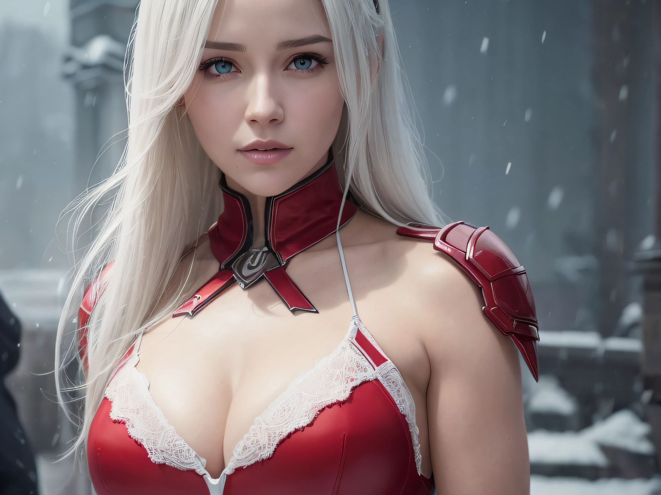 Cirilla Fiona Elen Riannon，Highest image quality，Outstanding details，超高分辨率，（Fidelity：1.4）, Favor the details，closeup cleavage，dawn，Snow，winter，Behind it is the wizard's sword，He has a delicate and beautiful face，（（Red and white semi-mechanical body：1.8）），Raised sexy，frontage，cyber punk perssonage，Futuristic，mechanically aesthetic，Virtual Engine 5，Perfect detail rendering，rendering by octane，hyper HD