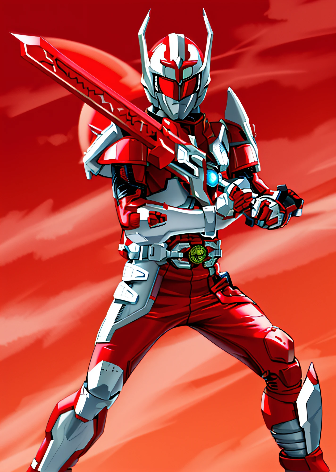 a close up of a person in a red and white costume holding a sword, kamen rider action pose, kamen rider character, high fantasy kamen rider, Kamen Rider, fourze, kamen rider ghost, White and red armor, Tokusatsu, samurai jetstream sam, High-tech red armor, white and red body armor, cyber japan style armor