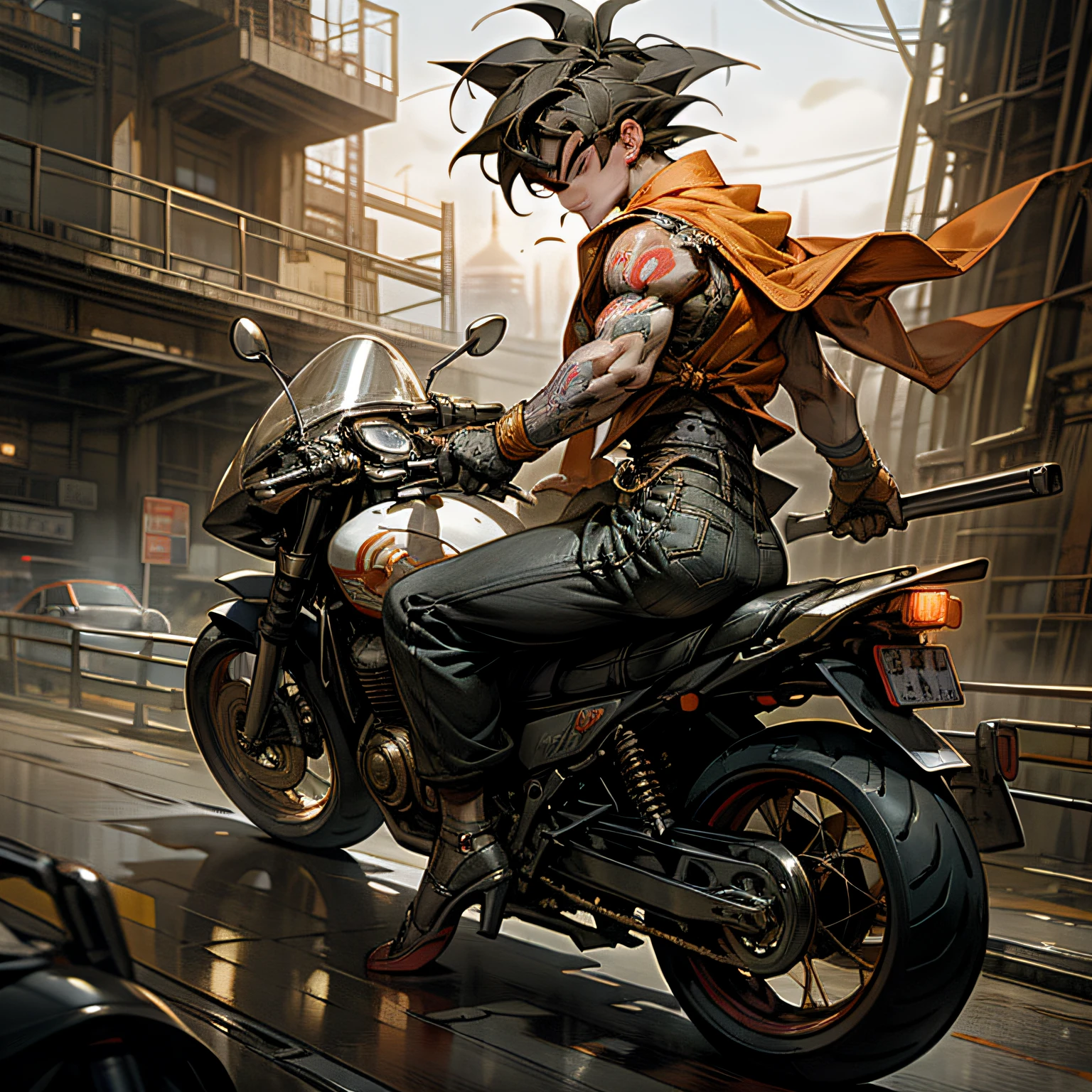 Gangster theme, Journey to the West: son goku, Tattooed with, Blonde hair。Ride a motorcycle in dim light，Golden Hoop Stick，smog，shadowing，Corrupt cityscape，HighestQuali，solofocus