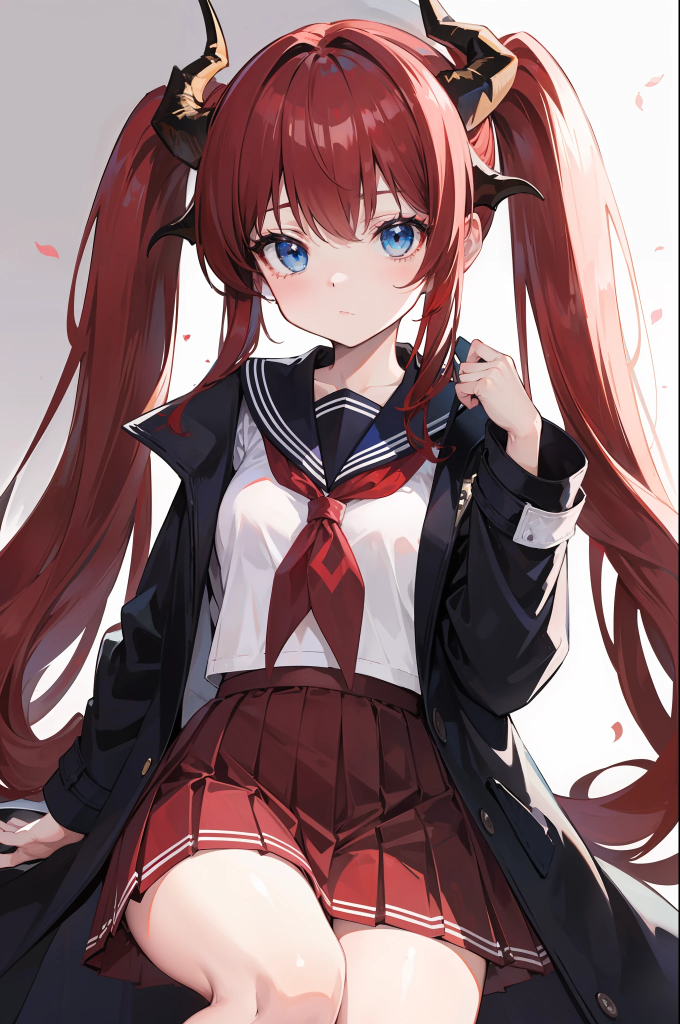 red hair, blue eyes, twintails,Sailor suit,Dragon horns,coat,red Pleated skirt,solo,1girl, arknights, long hair, loli,