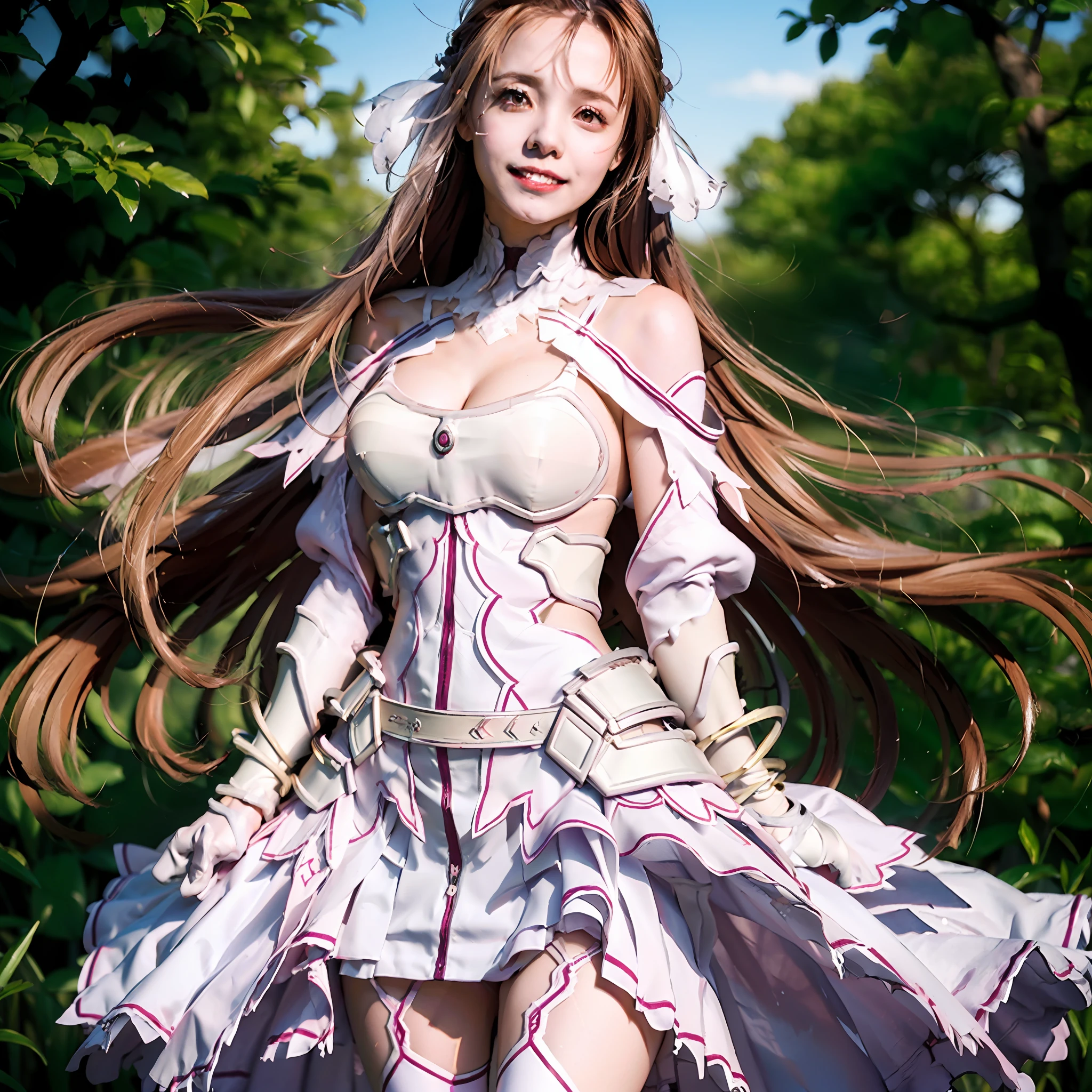 stacia, asuna, asuna_\(sao\), 1girl, (sexy pose:1.2), fantasy, highres,  original, realistic, expressive eyes, (excite), scenery,  close_up, upper_body, (standing on a grass), smiling, solo, (potruding nipple:1.2), long hair, (large breasts:1.0), looking at viewer, smile, open mouth, bangs ,detailed eyes, beautiful background, (on the forrest), hands on the chest, orange hair, thighhighs, gloves, dress, (cleavage:1.4), (grab tits:1.6), bare shoulders, brown eyes, very long hair, (full body:1.5), white gloves,  white dress, (open chest:1.5), armor, white thighhighs, garter straps, breeze, white armor,  abec