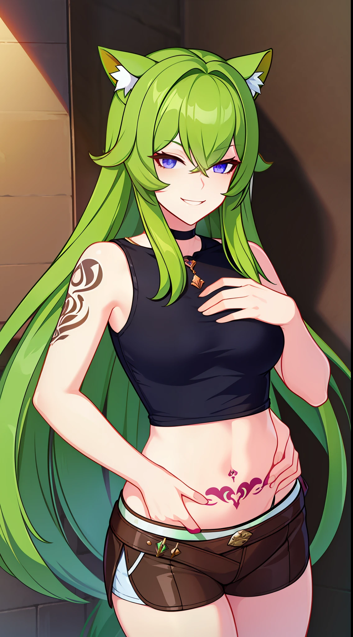 young girl, long green hair, violet eyes, Cat's ears, Green leather t-shirt, Sleeveless, open belly, Tatoo, neckline on the chest, smirk, breeches, Masterpiece, hiquality