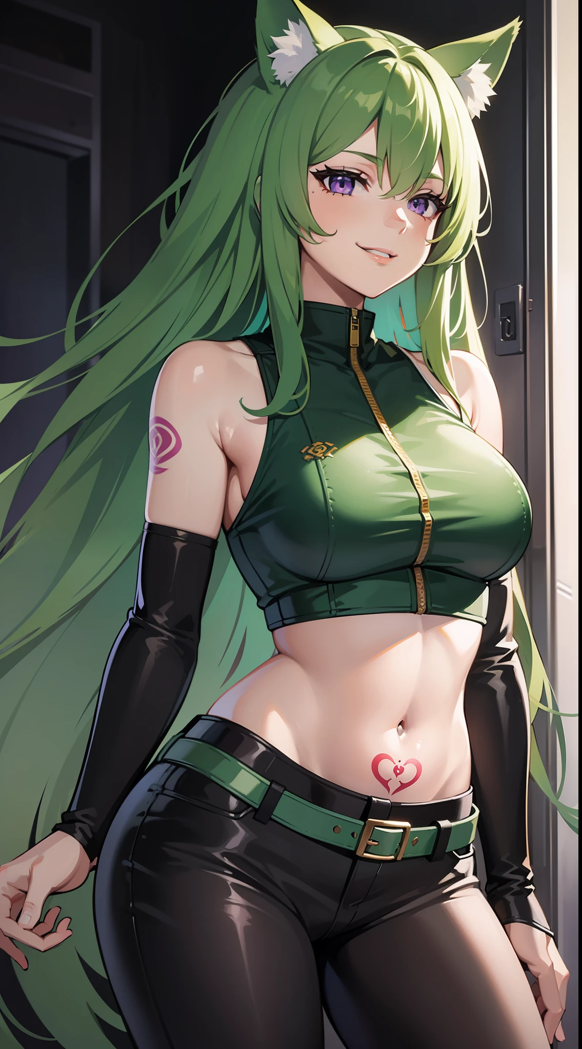 young girl, long green hair, violet eyes, Cat's ears, Green leather t-shirt, Sleeveless, open belly, Tatoo, neckline on the chest, smirk, breeches, Masterpiece, hiquality